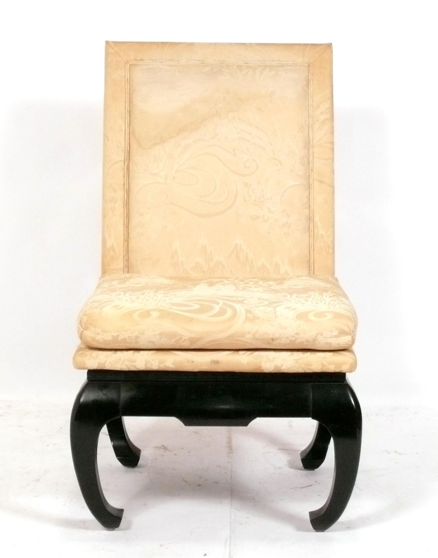 Chinese Elegant Pair of Chinoiserie Slipper Lounge Chairs Reupholstered In Your Fabric  For Sale