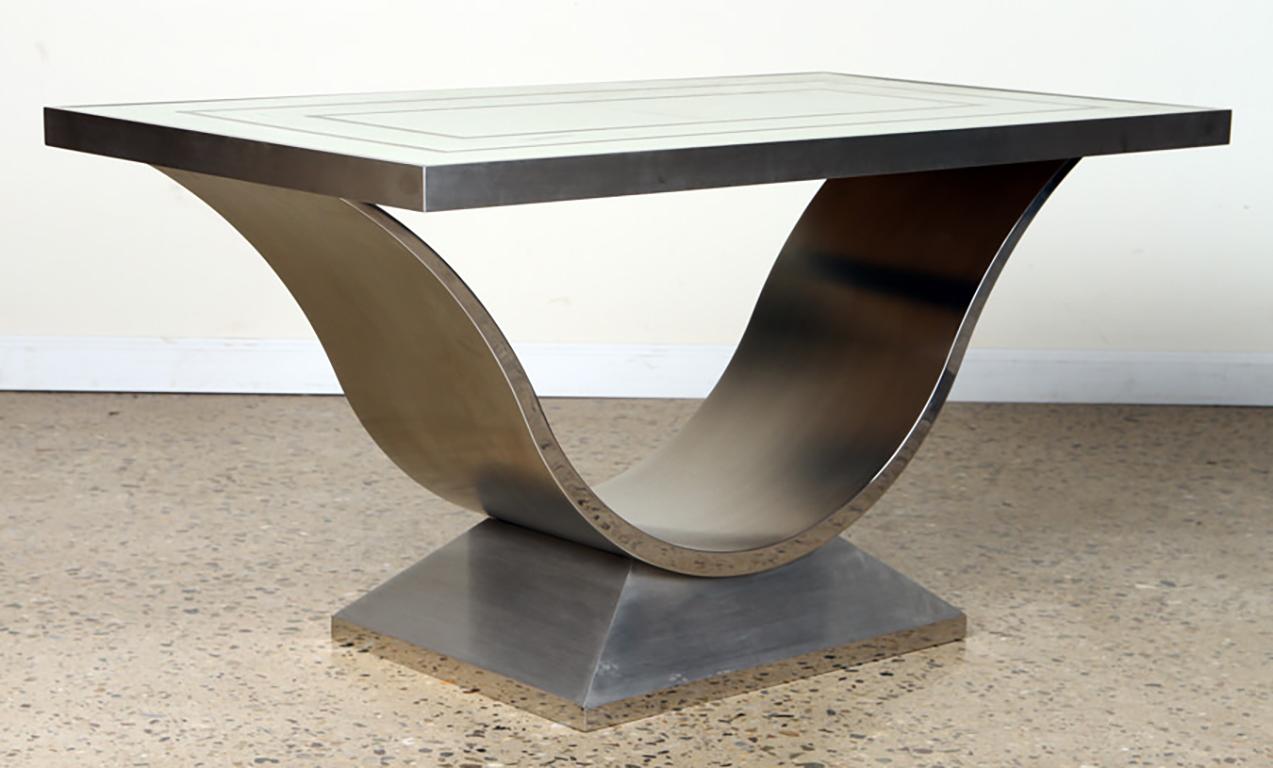 Elegant pair of chrome and celadon lacquer coffee tables by Geoffrey Bradfield. Each stands 22
