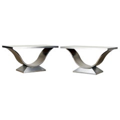 Elegant Pair of Chrome and Celadon Lacquer Coffee Tables by Geoffrey Bradfield 