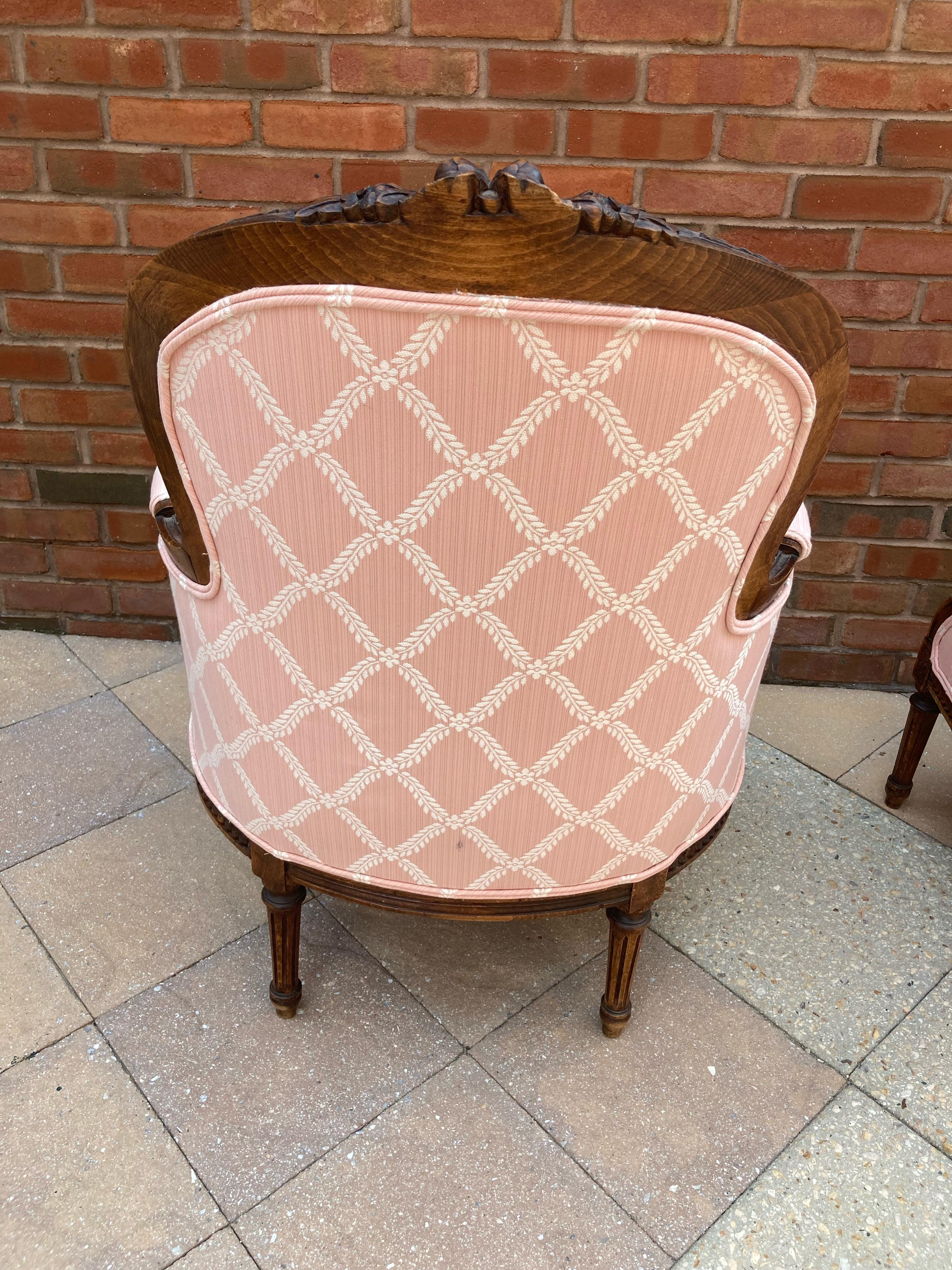 Elegant Pair of Rosey Pink French Style Bergere Chairs with Walnut Frames 3