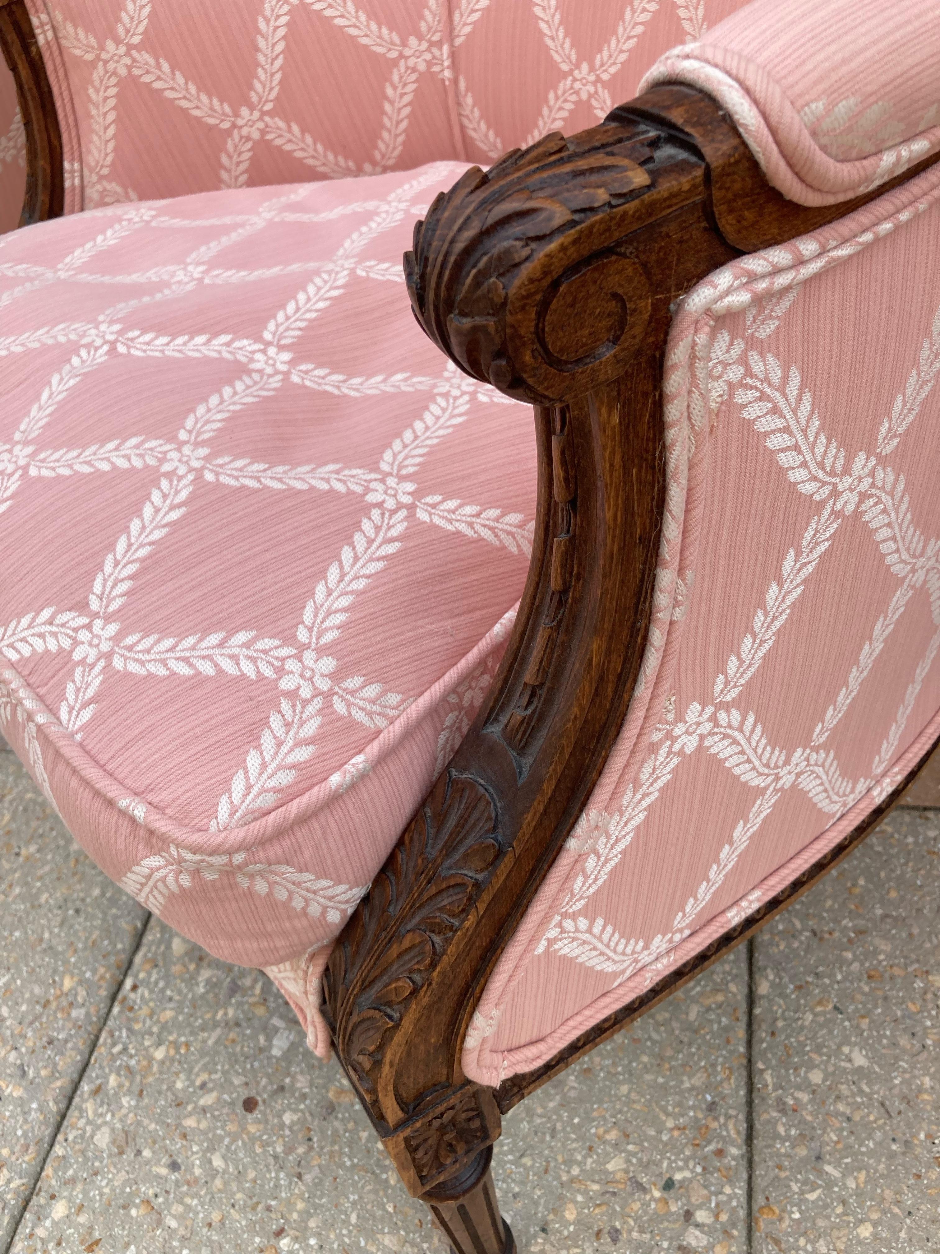 Upholstery Elegant Pair of Rosey Pink French Style Bergere Chairs with Walnut Frames
