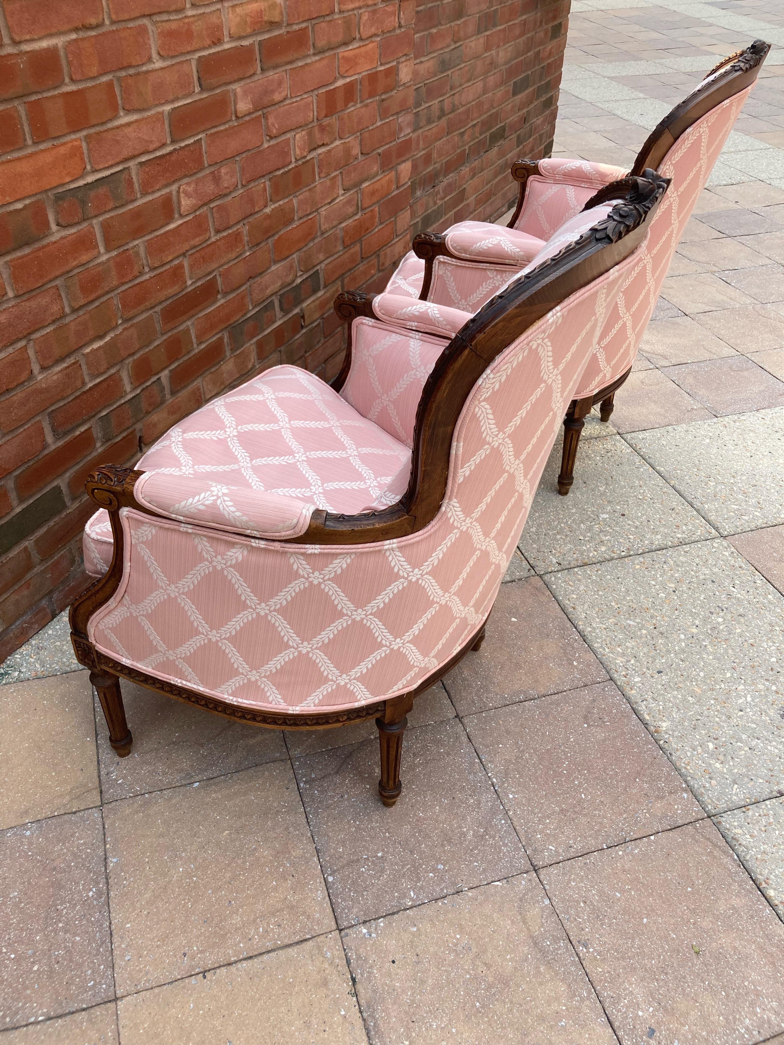Elegant Pair of Rosey Pink French Style Bergere Chairs with Walnut Frames 1