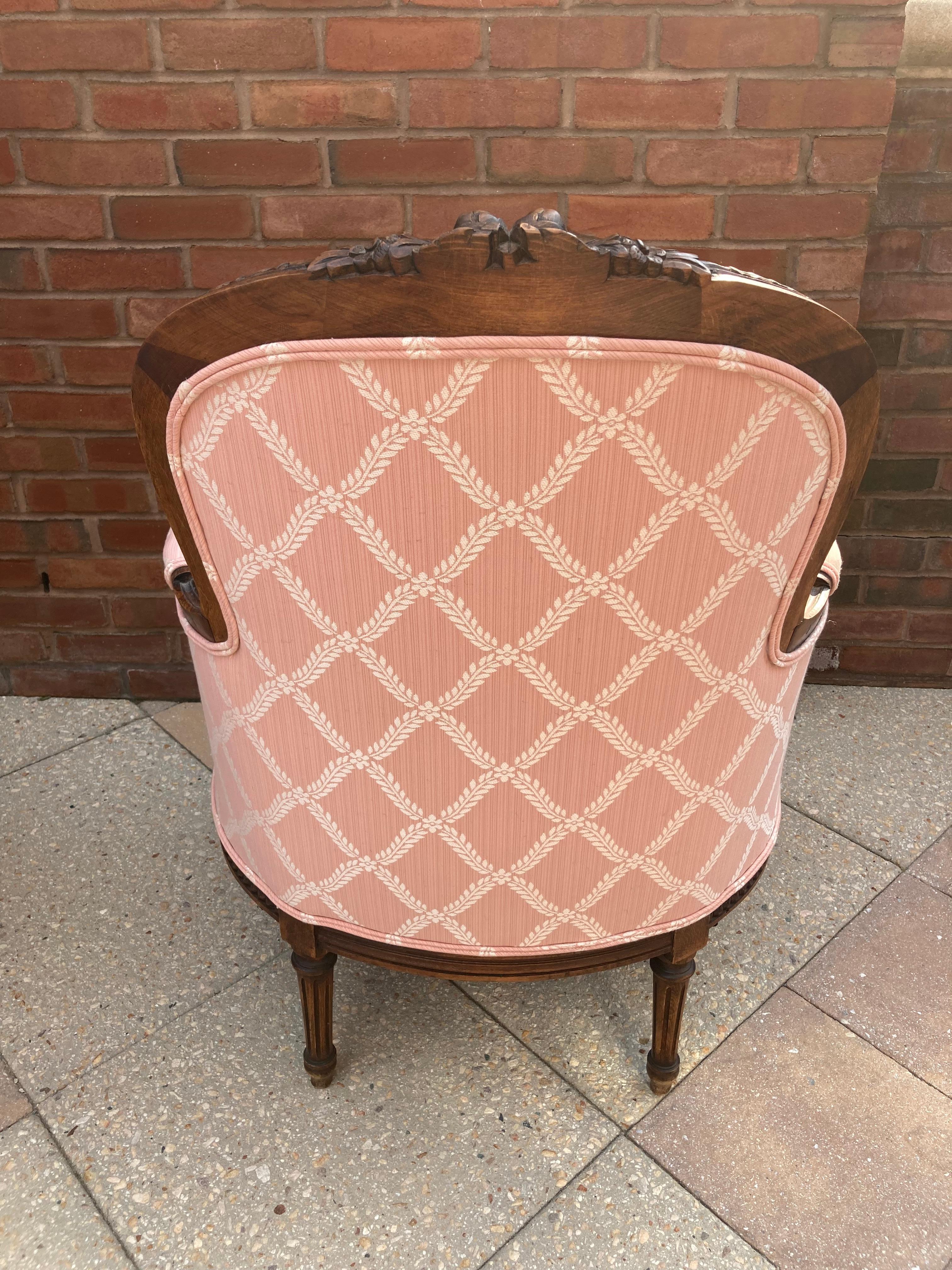 Elegant Pair of Rosey Pink French Style Bergere Chairs with Walnut Frames 2