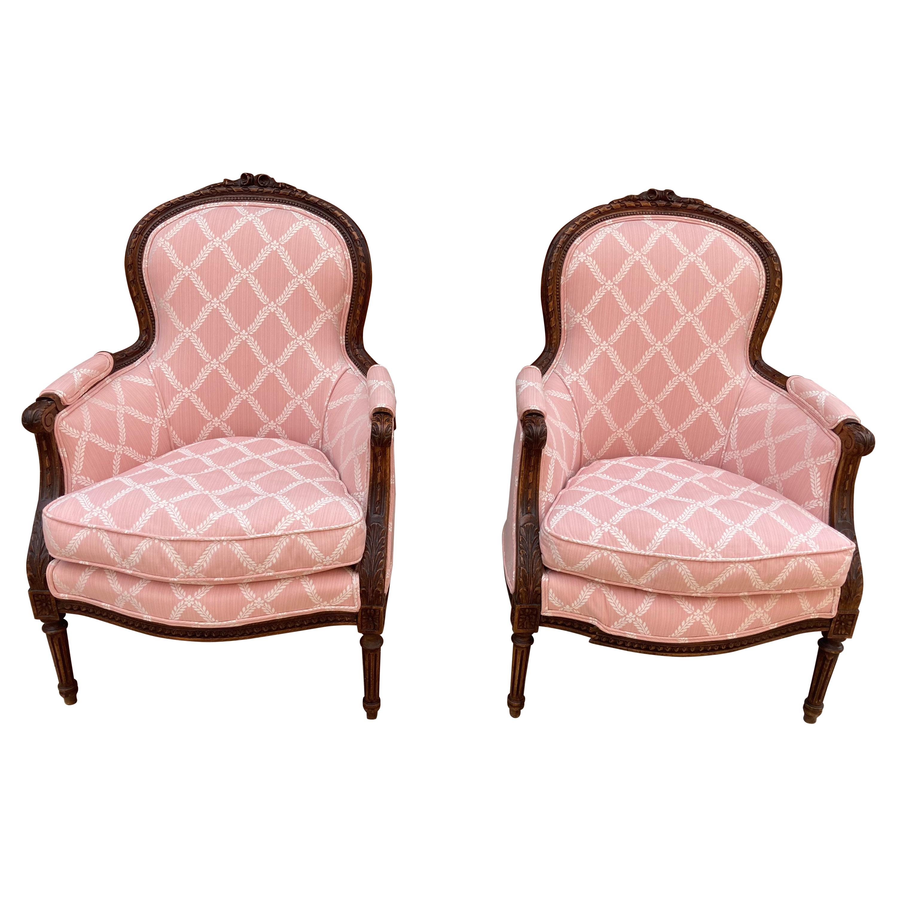 Elegant Pair of Rosey Pink French Style Bergere Chairs with Walnut Frames