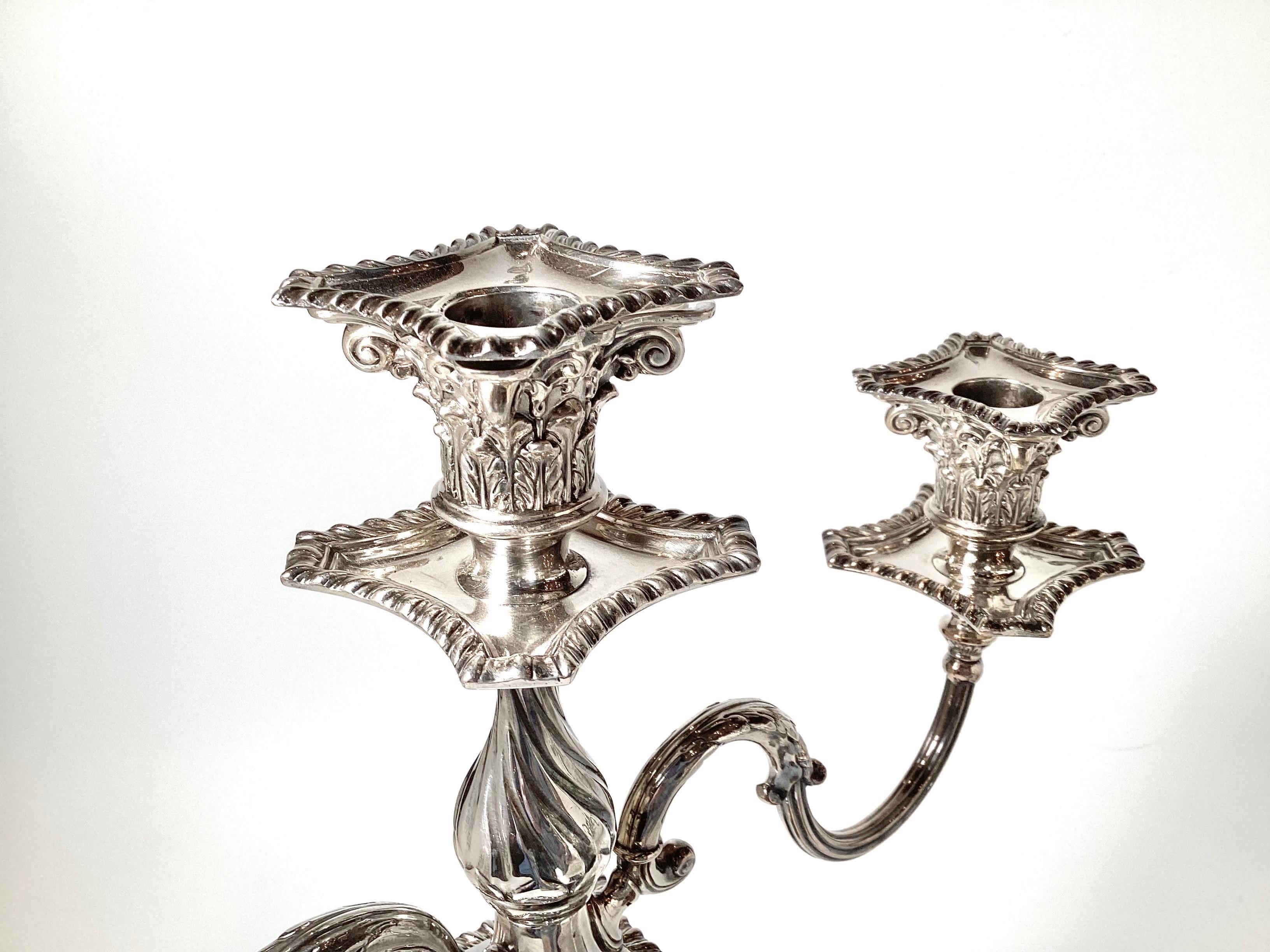 Neoclassical Elegant Pair of Column Form Three Light Candelabra Silver Plate