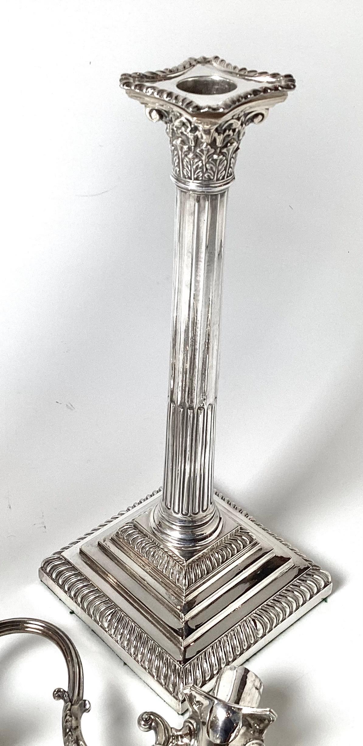 Early 20th Century Elegant Pair of Column Form Three Light Candelabra Silver Plate
