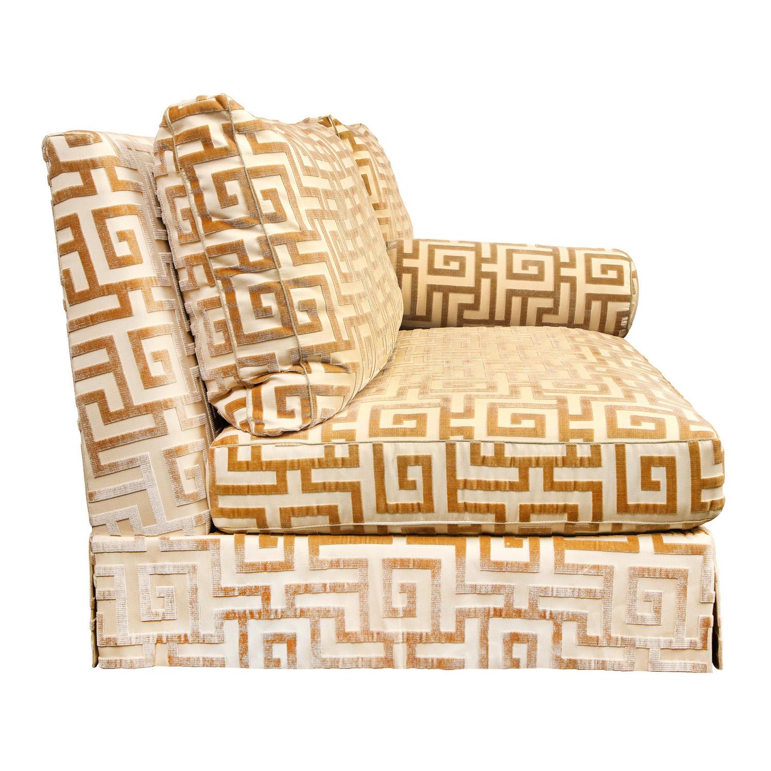 Modern Elegant Pair of Custom Armless Sofas in Greek Key Velvet, 1990s
