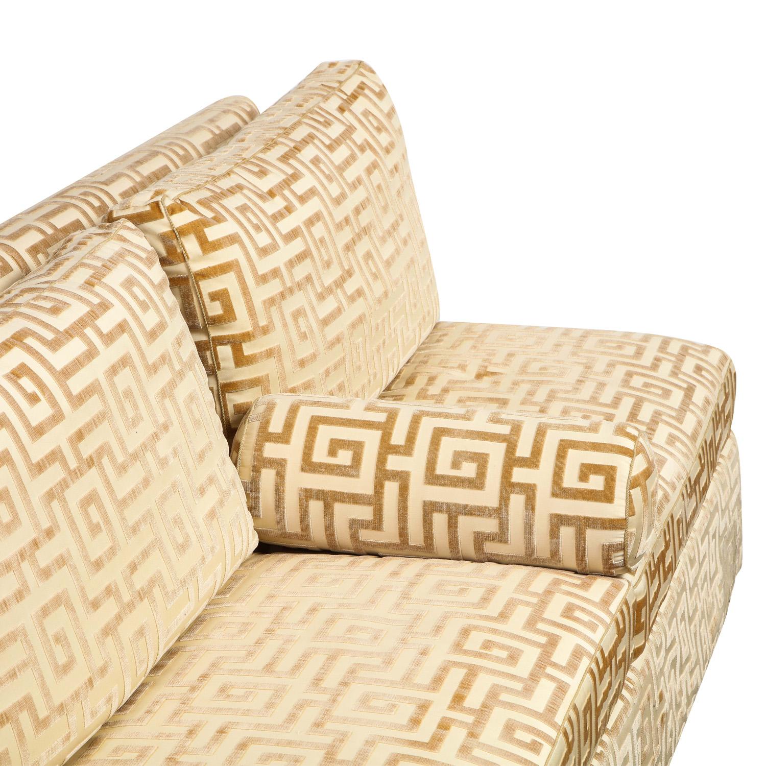 Hand-Crafted Elegant Pair of Custom Armless Sofas in Greek Key Velvet, 1990s