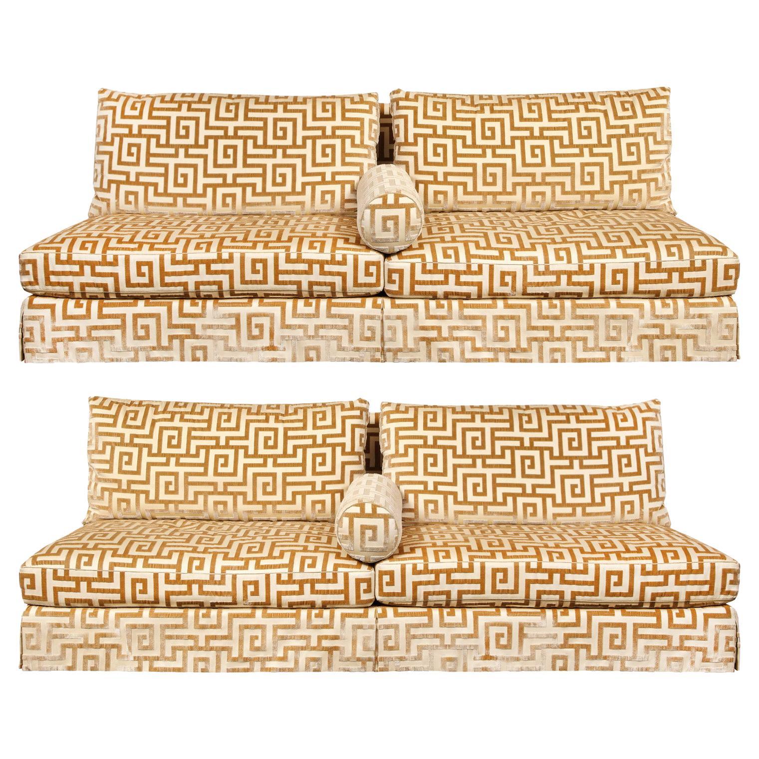 Elegant Pair of Custom Armless Sofas in Greek Key Velvet, 1990s
