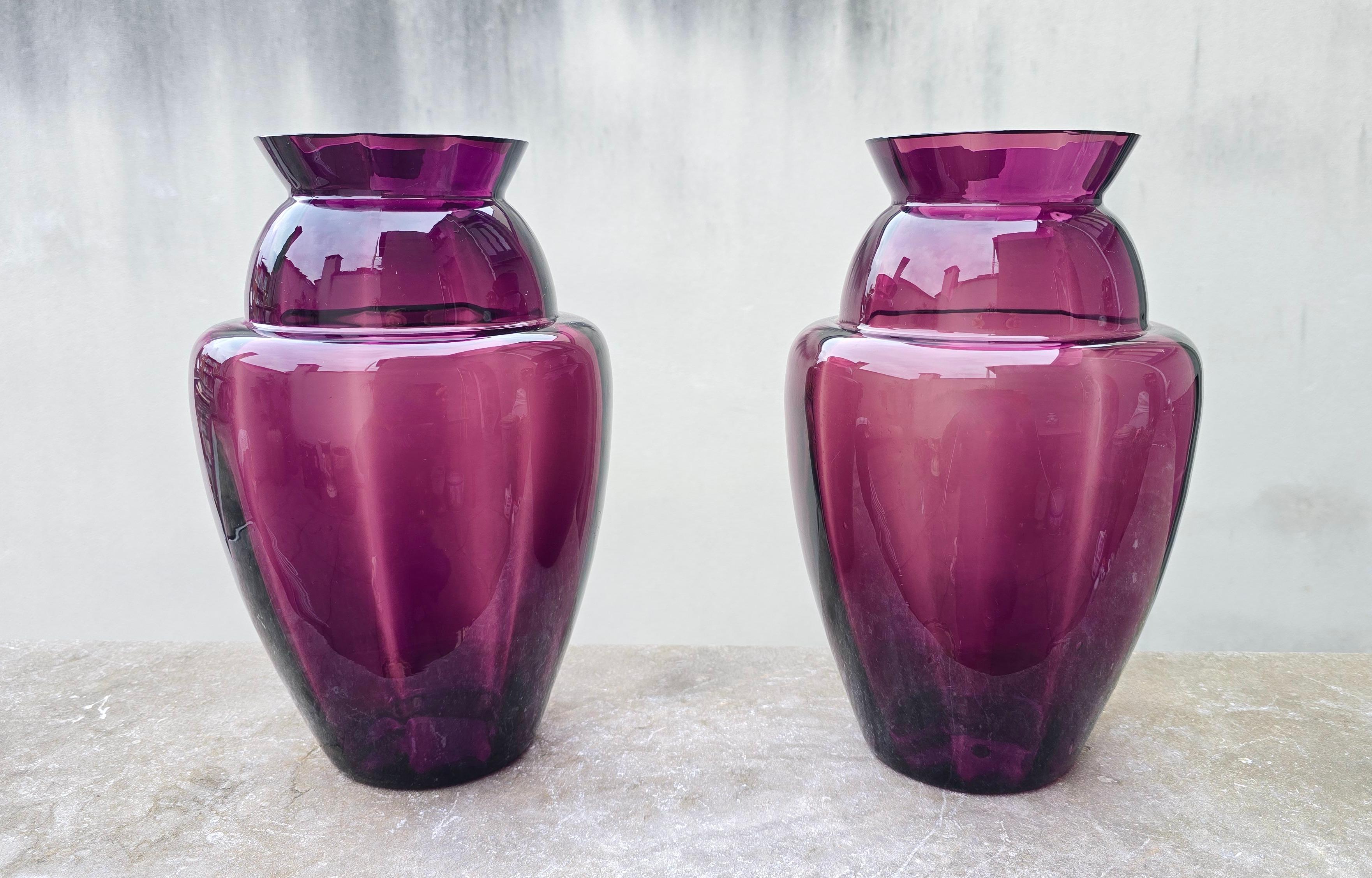 Mid-Century Modern Elegant Pair of Deep Amethyst Murano Glass Vases, Hand-Blown in Italy, 1970s For Sale