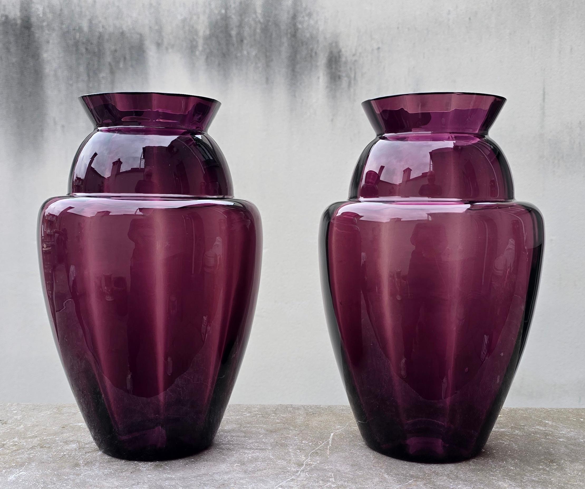 Italian Elegant Pair of Deep Amethyst Murano Glass Vases, Hand-Blown in Italy, 1970s For Sale