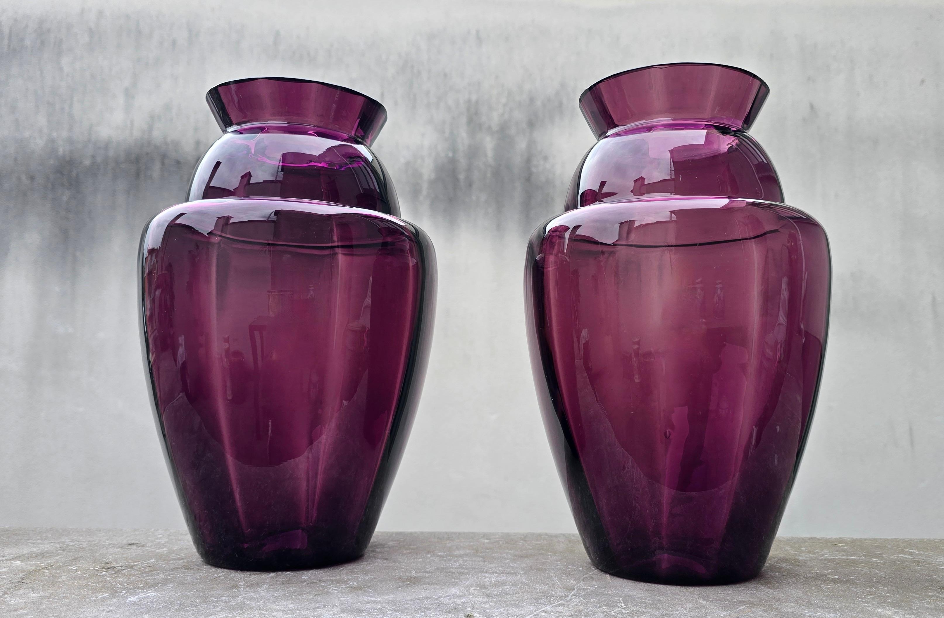 Elegant Pair of Deep Amethyst Murano Glass Vases, Hand-Blown in Italy, 1970s In Good Condition For Sale In Antwerp, BE