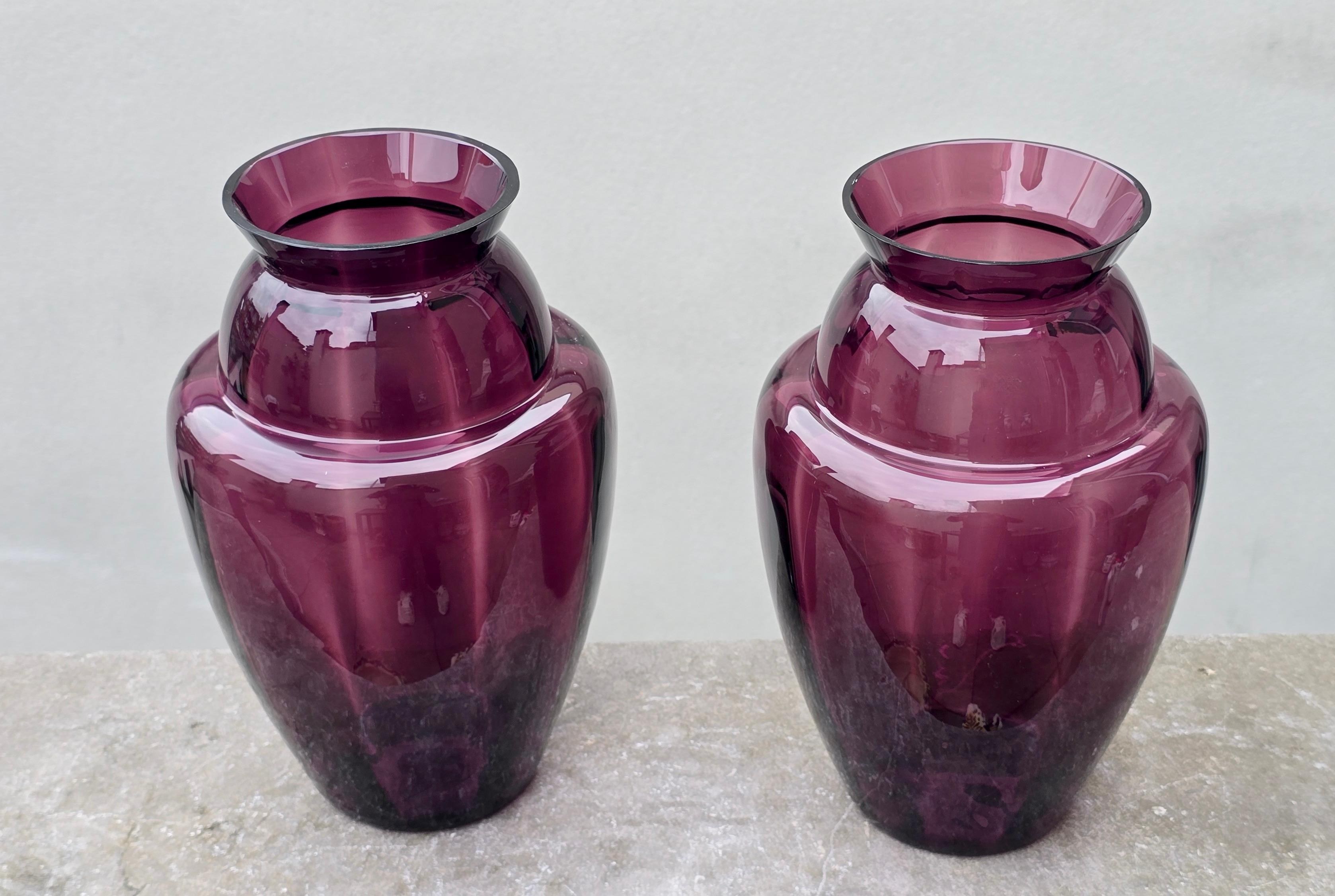 20th Century Elegant Pair of Deep Amethyst Murano Glass Vases, Hand-Blown in Italy, 1970s For Sale