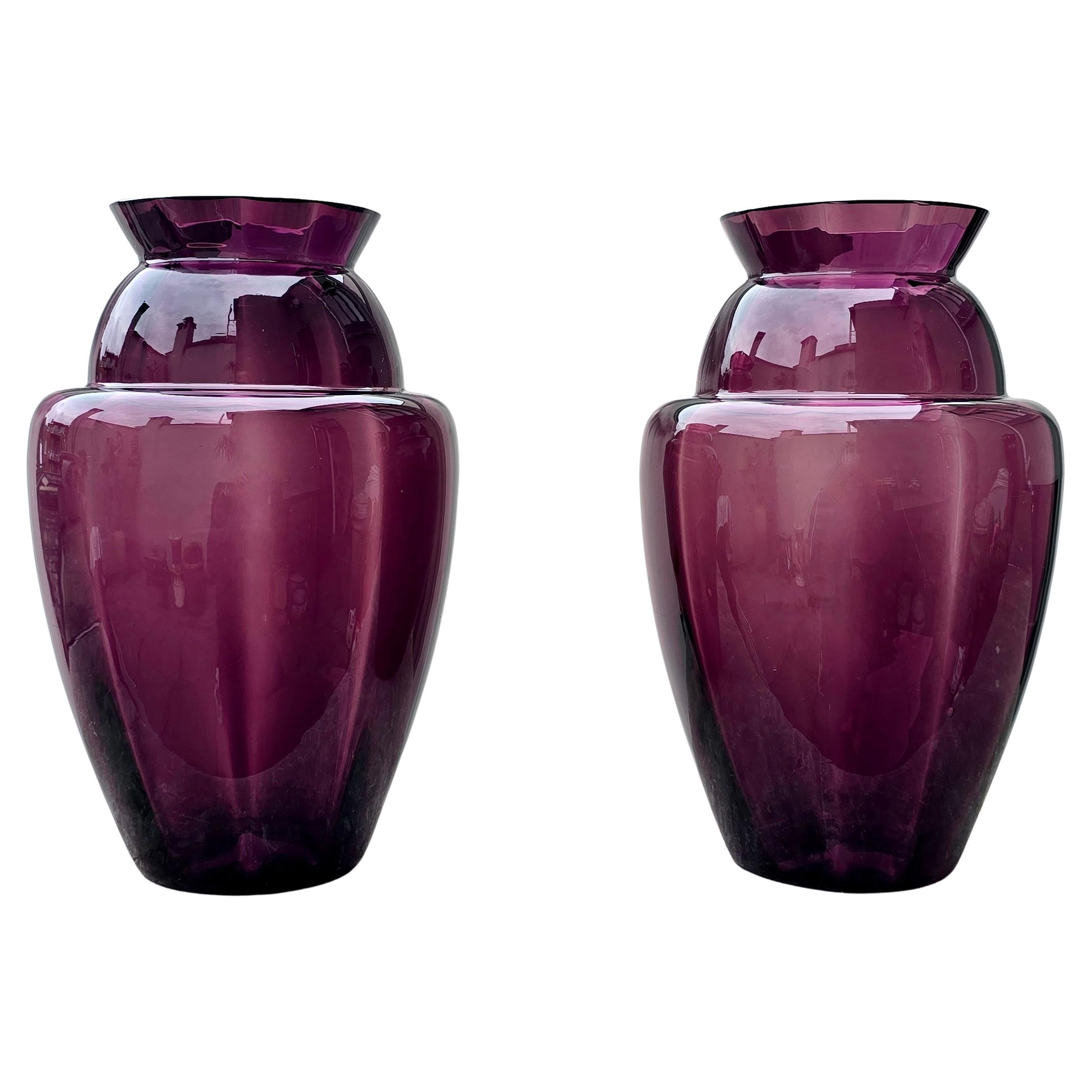 Elegant Pair of Deep Amethyst Murano Glass Vases, Hand-Blown in Italy, 1970s