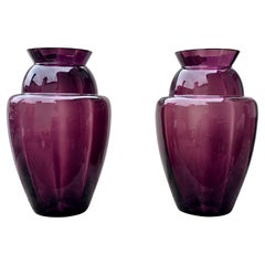 Elegant Pair of Deep Amethyst Murano Glass Vases, Hand-Blown in Italy, 1970s