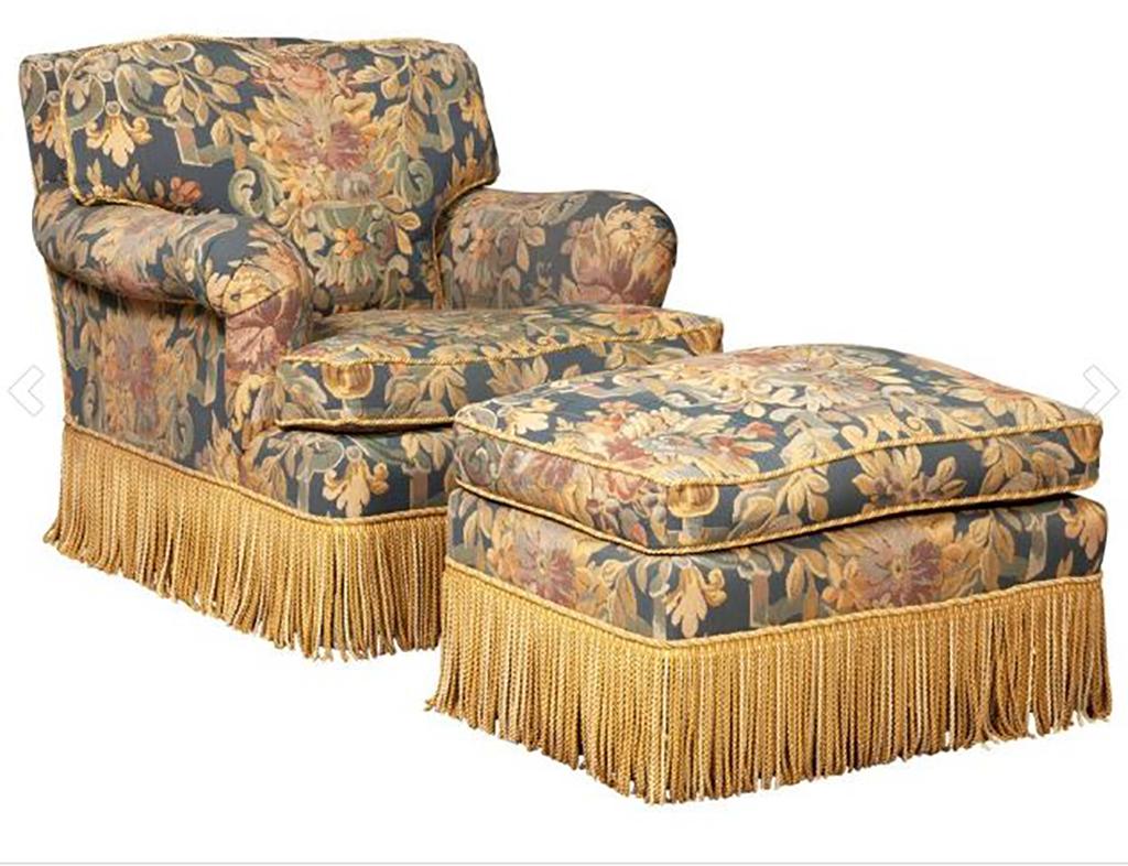 2 Elegant pairs of Denning & Fourcade Bridgewater club chairs with matching ottomans detailed with contrasting trim and fringe. Upholstered in a colorful brocade material.