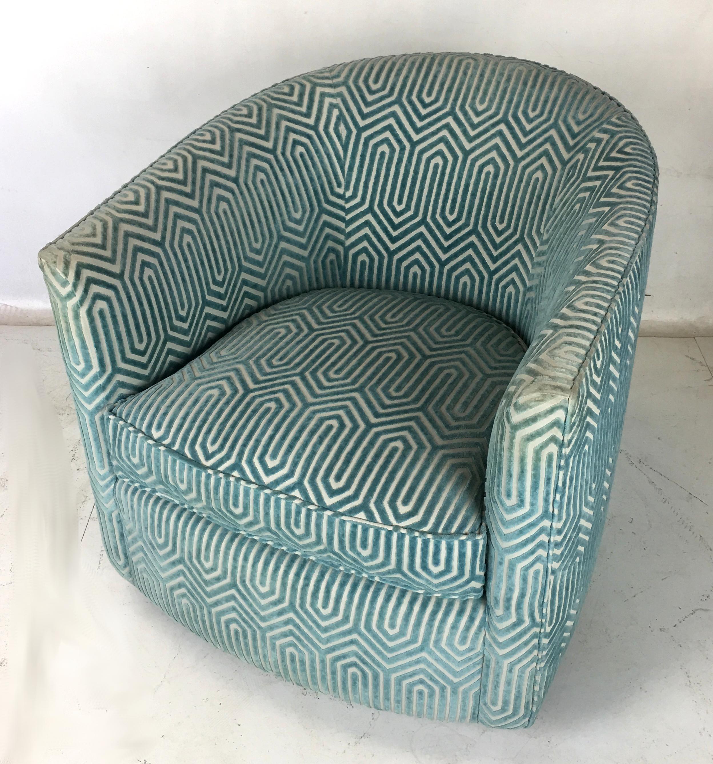 Velvet Elegant Pair of Designer Swivel Chairs Attributed to Milo Baughman