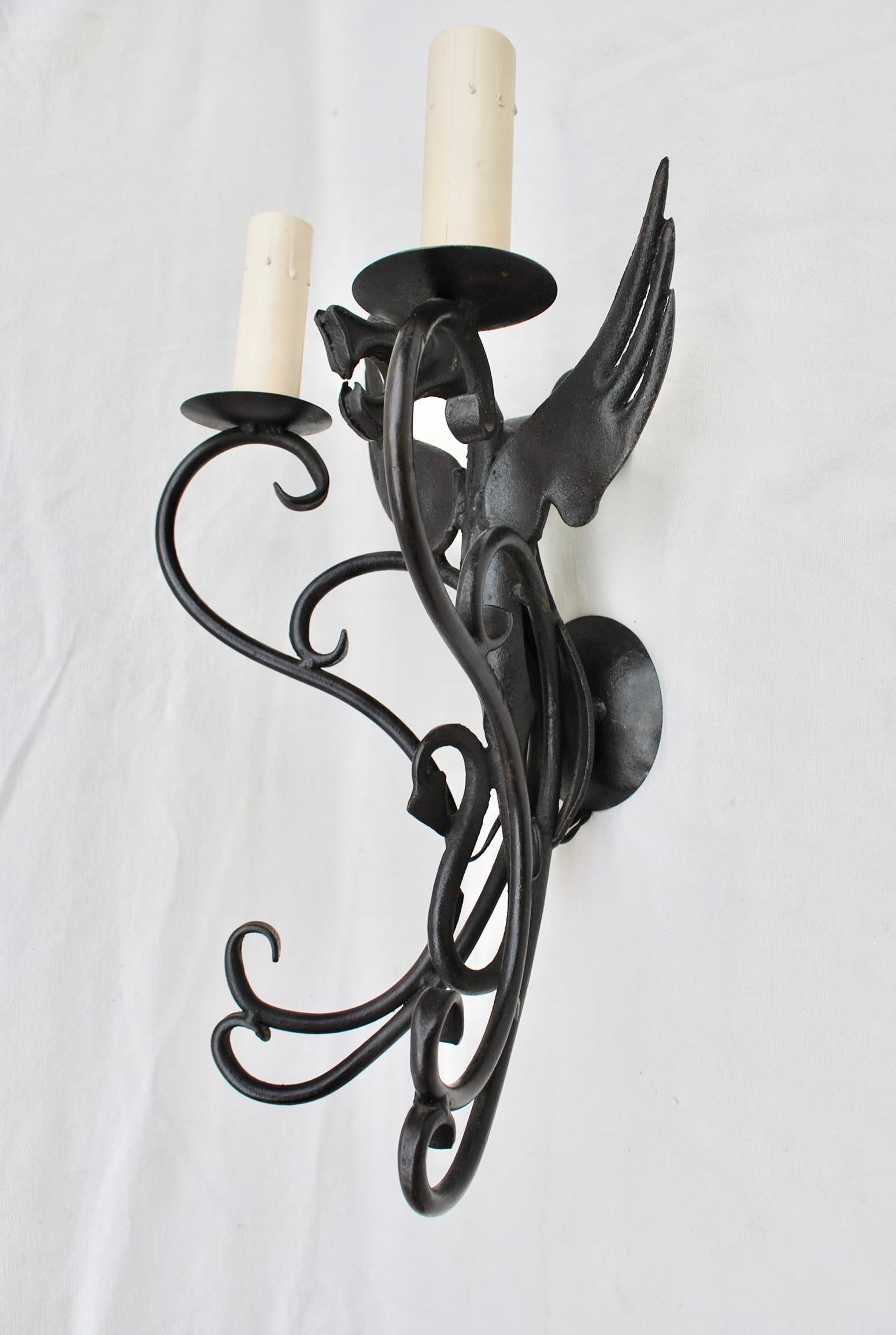 Hand-Crafted Elegant Pair of Dragon Wrought Iron Sconces