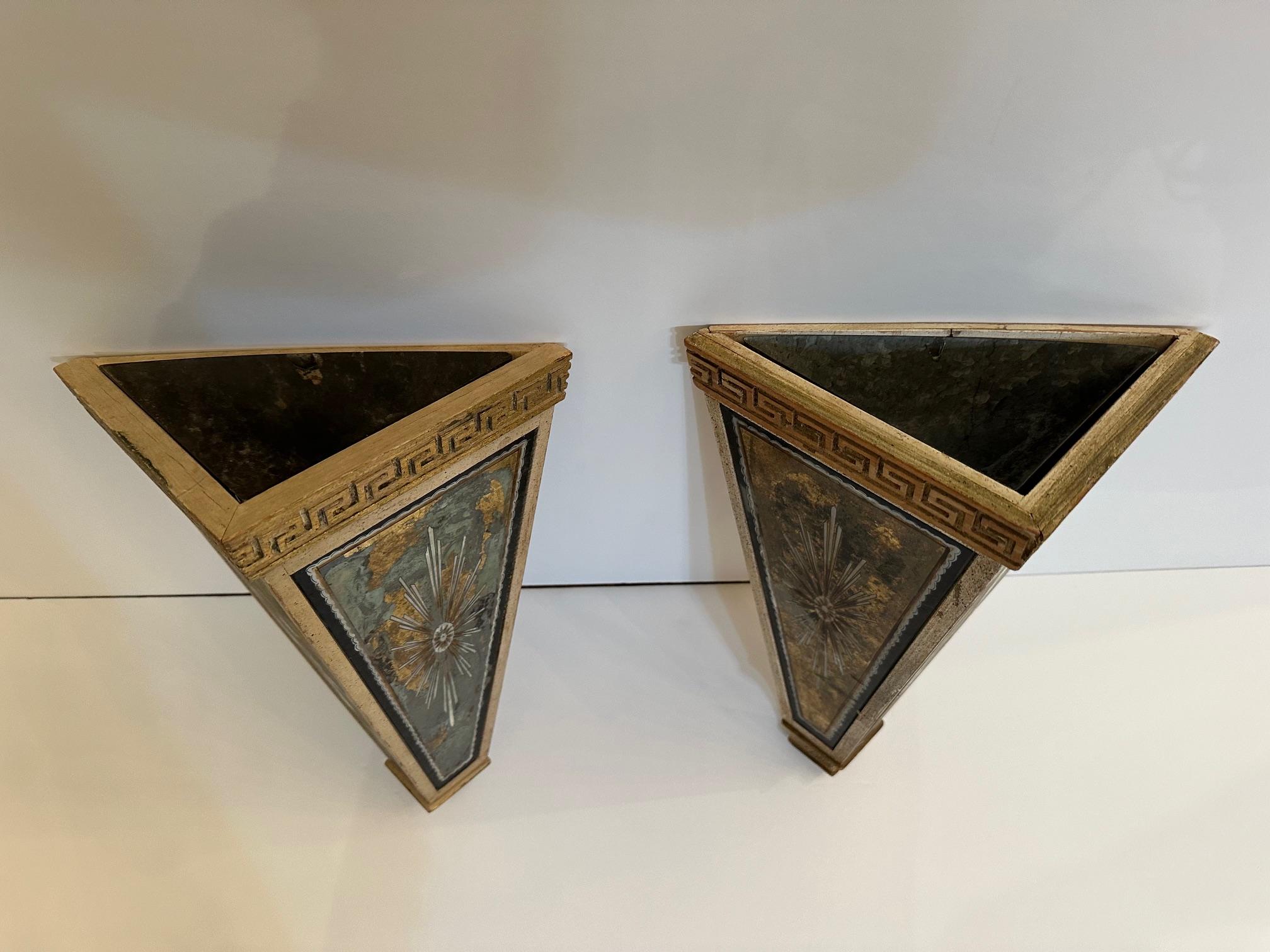 Elegant Pair of Eglomise & Wood Antique Wall Brackets For Sale 3