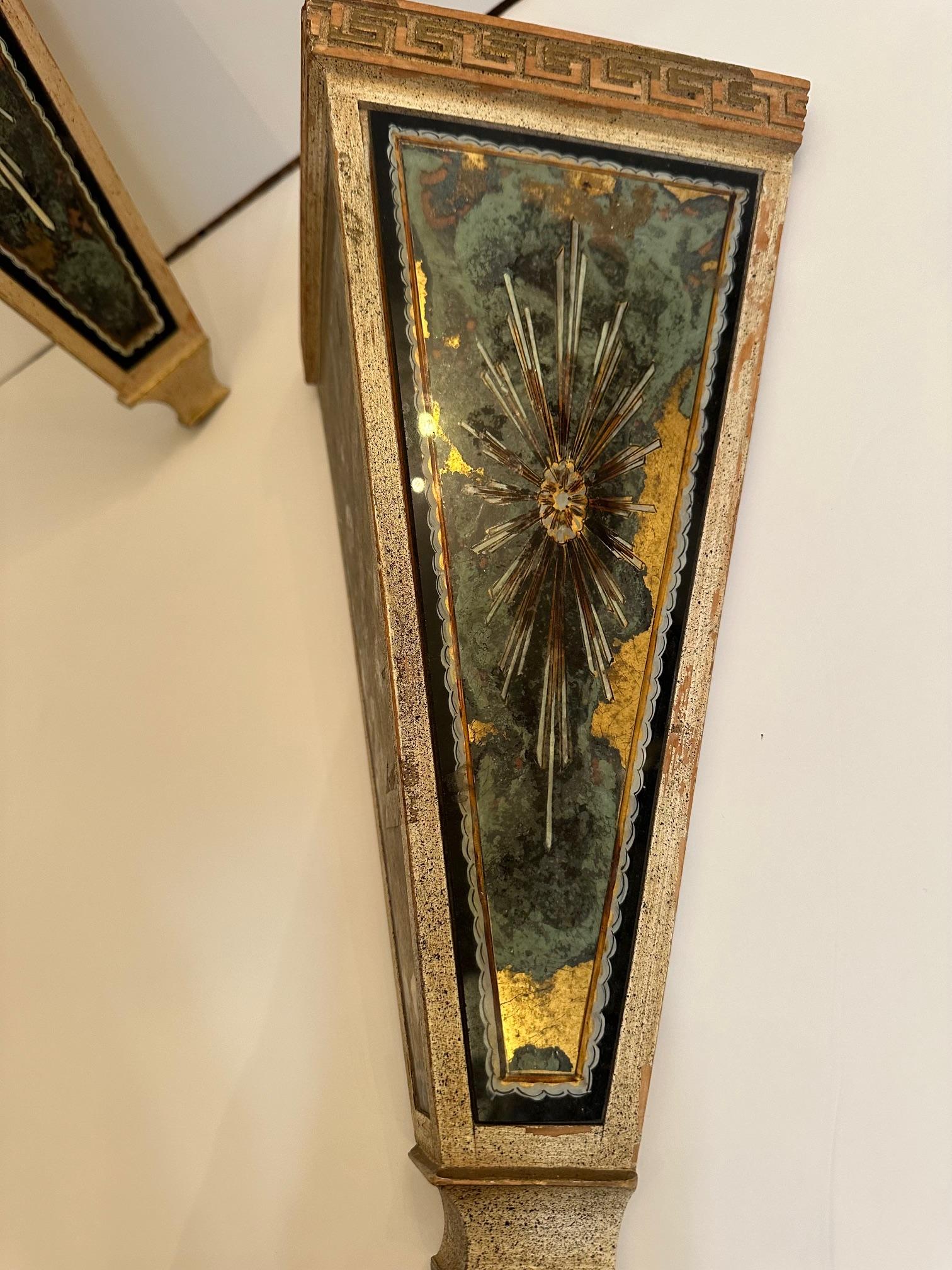 American Elegant Pair of Eglomise & Wood Antique Wall Brackets For Sale