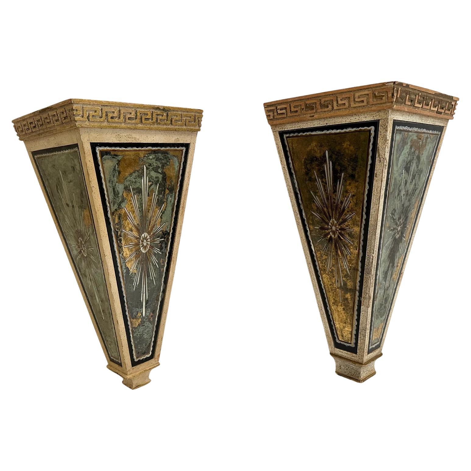 Elegant Pair of Eglomise & Wood Antique Wall Brackets