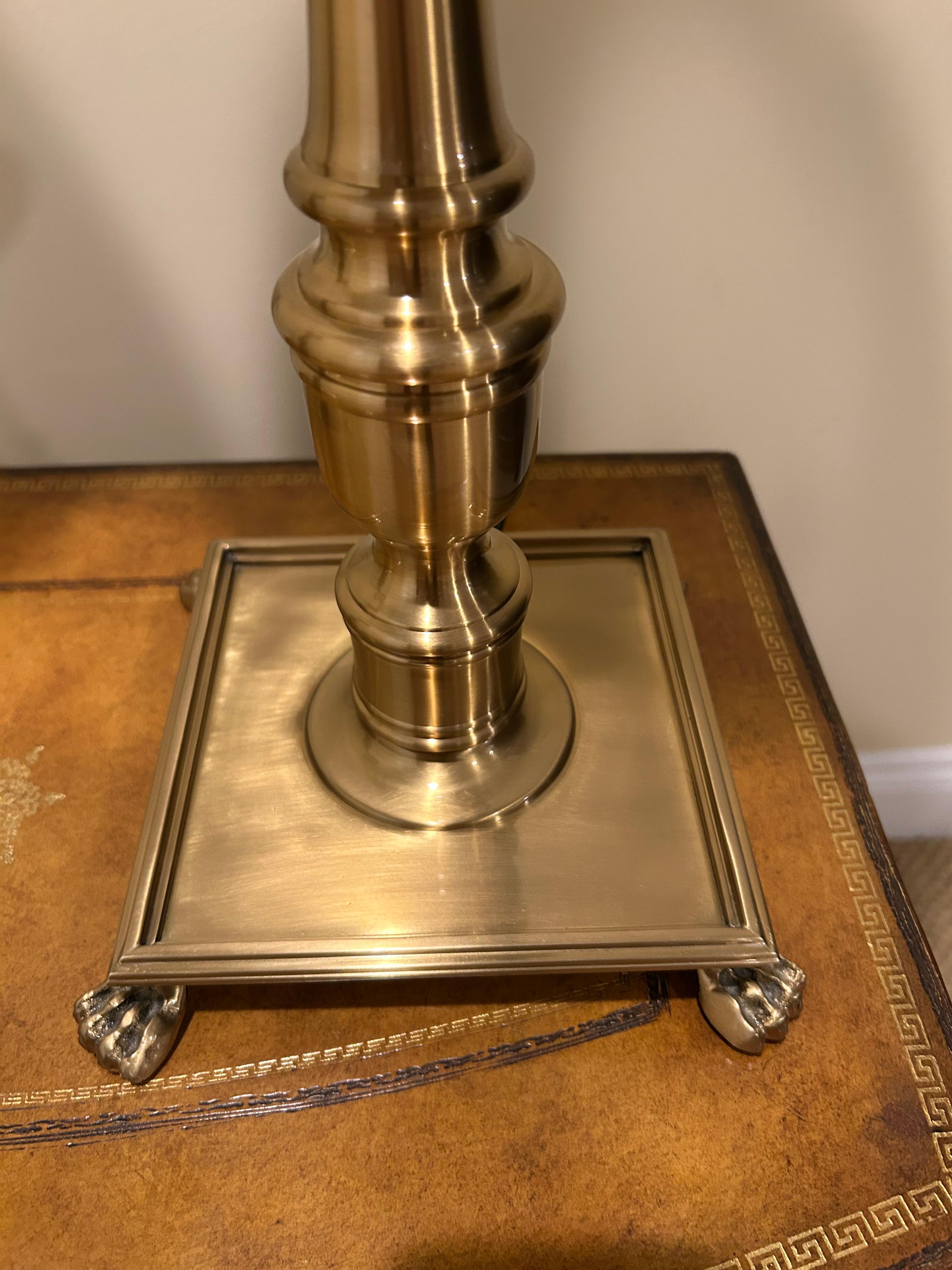 American Elegant Pair of Elongated Brushed Brass Table Lamps with Black Metal Shades