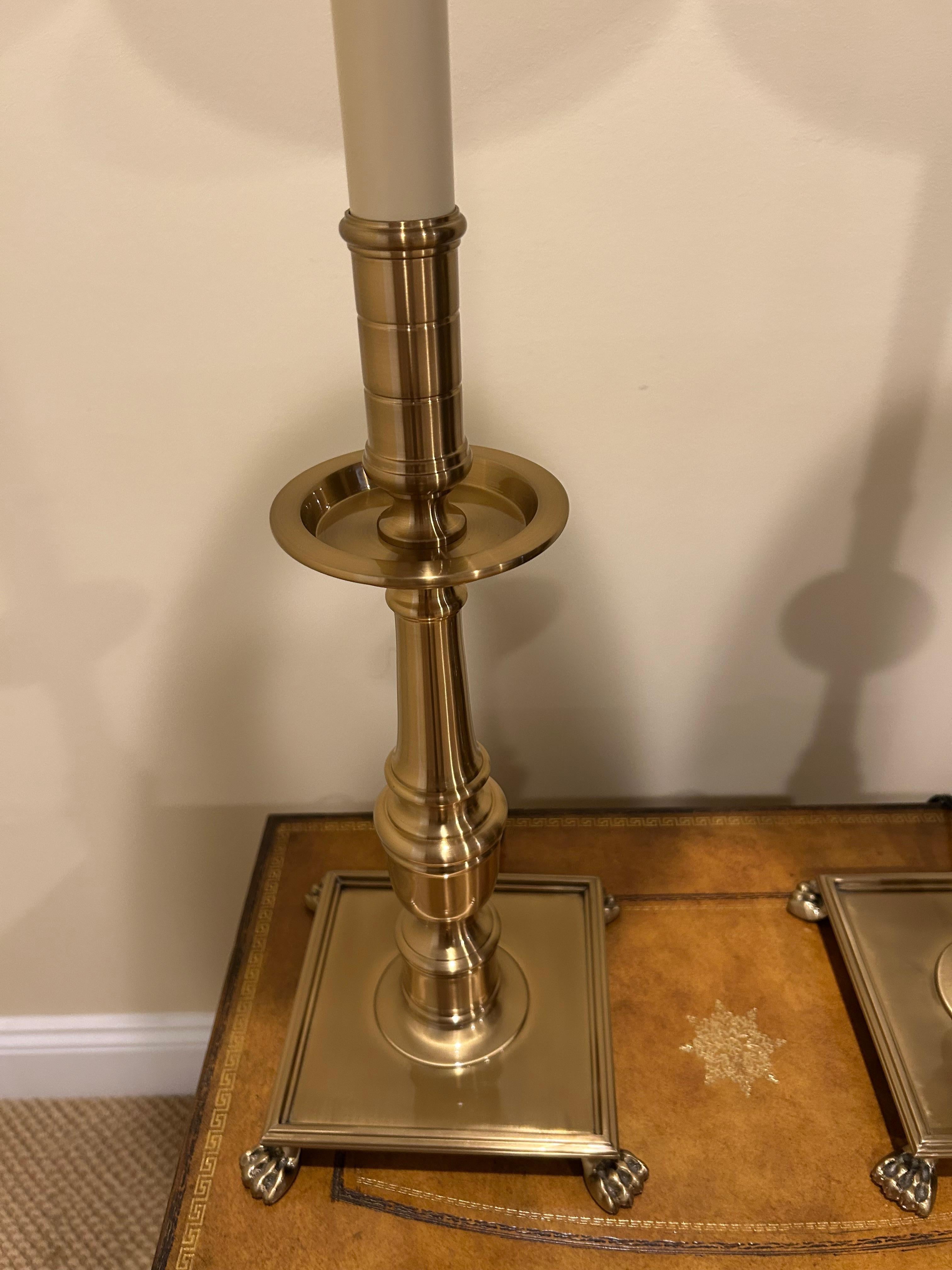 Contemporary Elegant Pair of Elongated Brushed Brass Table Lamps with Black Metal Shades