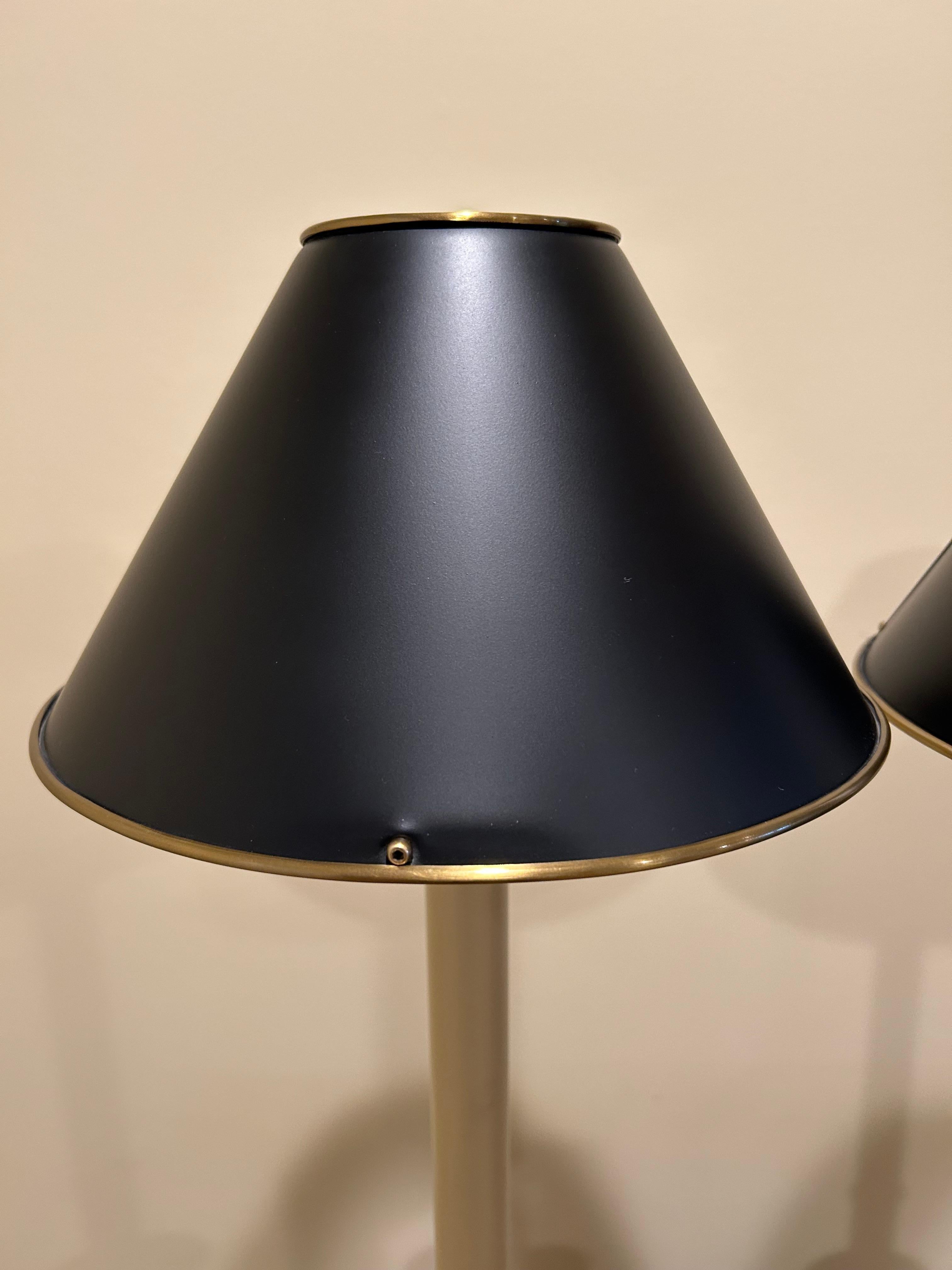 Elegant Pair of Elongated Brushed Brass Table Lamps with Black Metal Shades 1