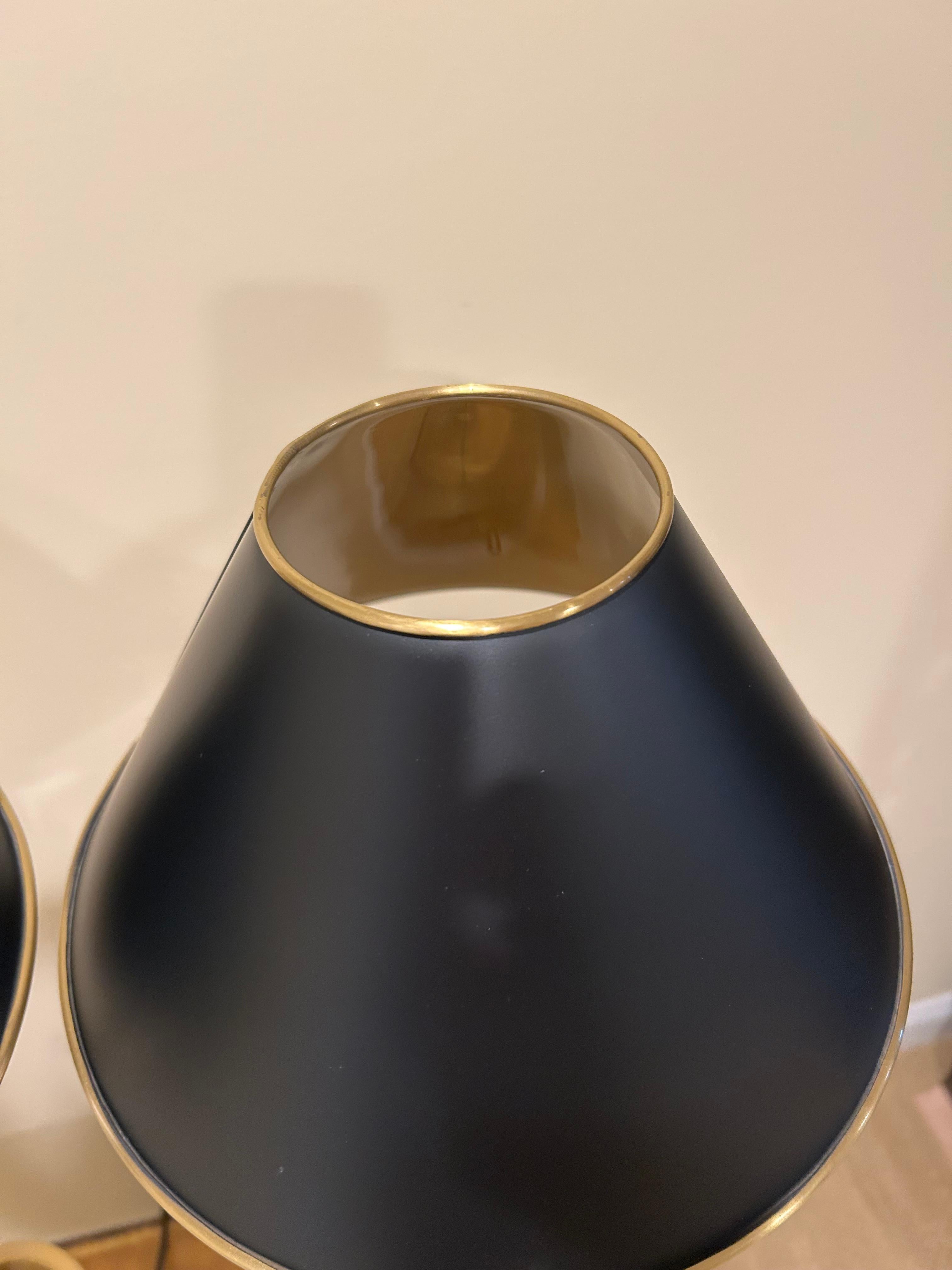 Elegant Pair of Elongated Brushed Brass Table Lamps with Black Metal Shades 2