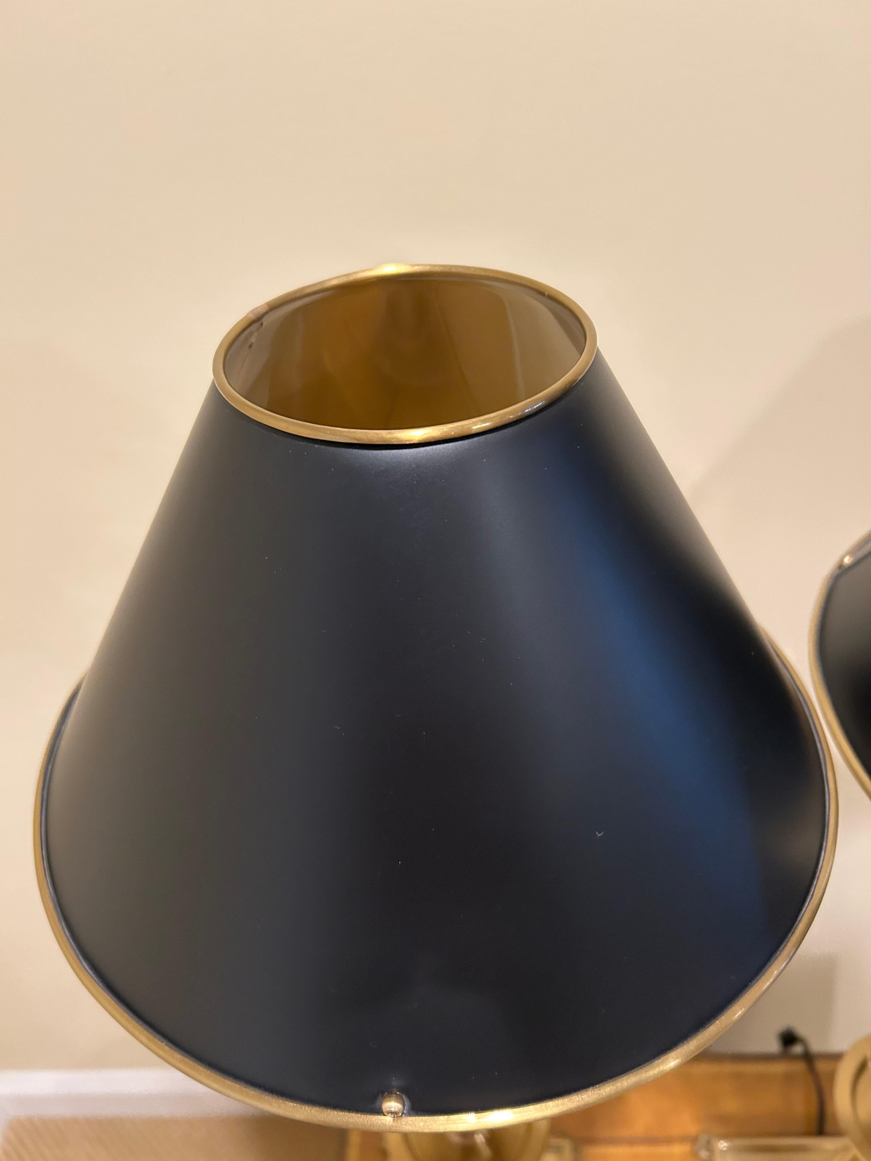 Elegant Pair of Elongated Brushed Brass Table Lamps with Black Metal Shades 3