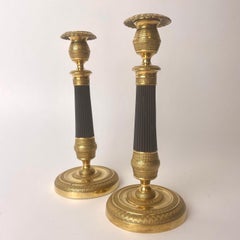 Elegant pair of Empire candlesticks in gilded and dark patinated bronze, 1820s