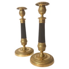 Elegant pair of Empire candlesticks in gilded and dark patinated bronze, 1820s