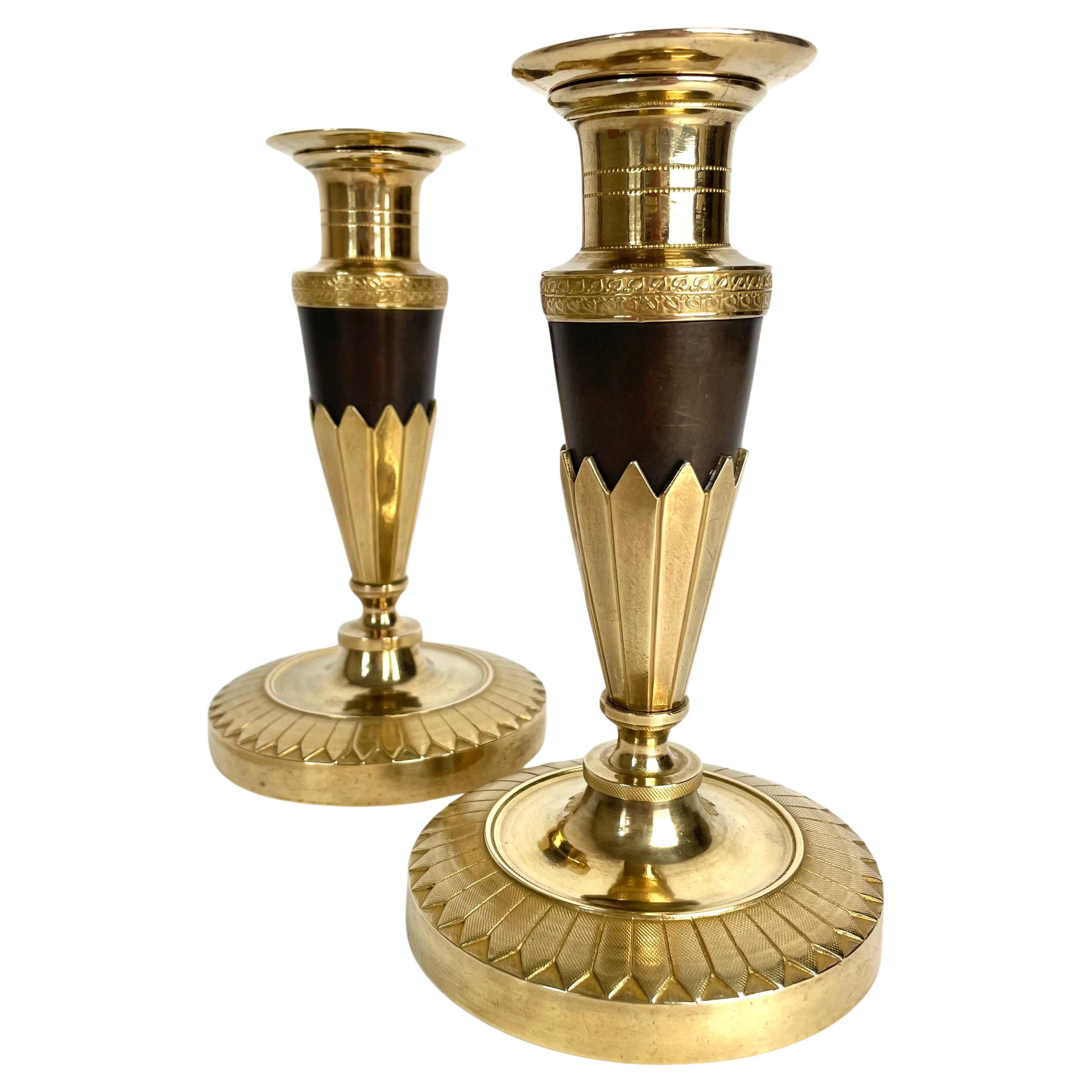 Elegant pair of Empire Candlesticks in gilt and dark patinated bronze. 1820s For Sale