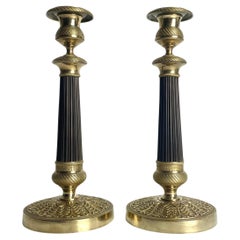Elegante coppia di candelieri Impero in bronzo dorato e patinato scuro. 1820s