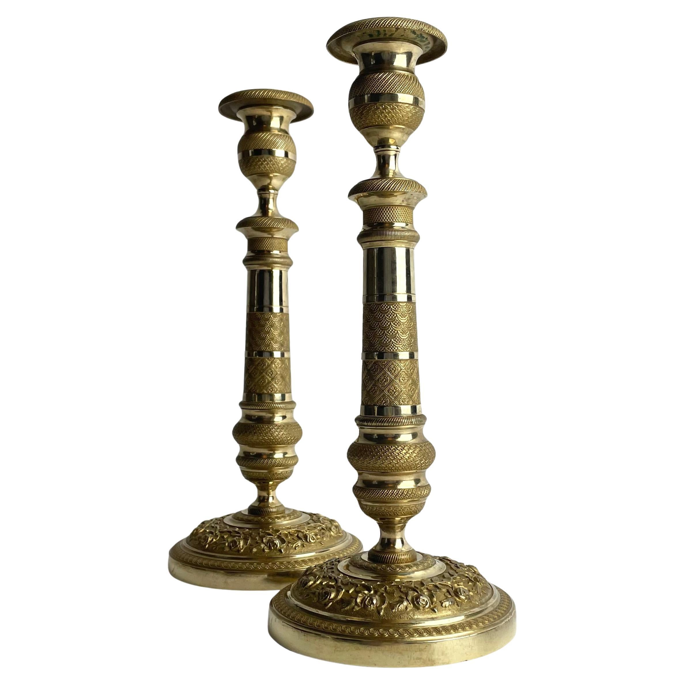 Elegant Pair of Empire Fire-Gilt Bronze Candlesticks, France, 1820s