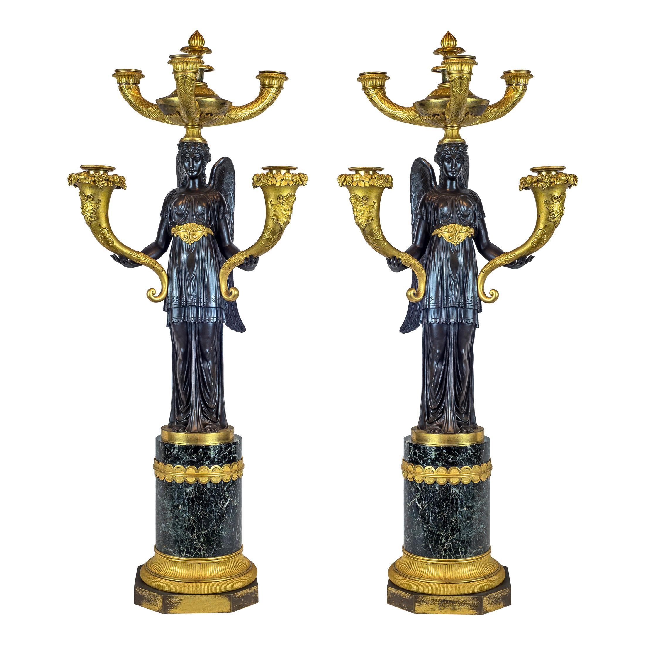 Elegant Pair of Empire Patinated and Gilt-Bronze Five-Light Candelabras For Sale