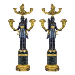 Elegant Pair of Empire Patinated and Gilt-Bronze Five-Light Candelabras