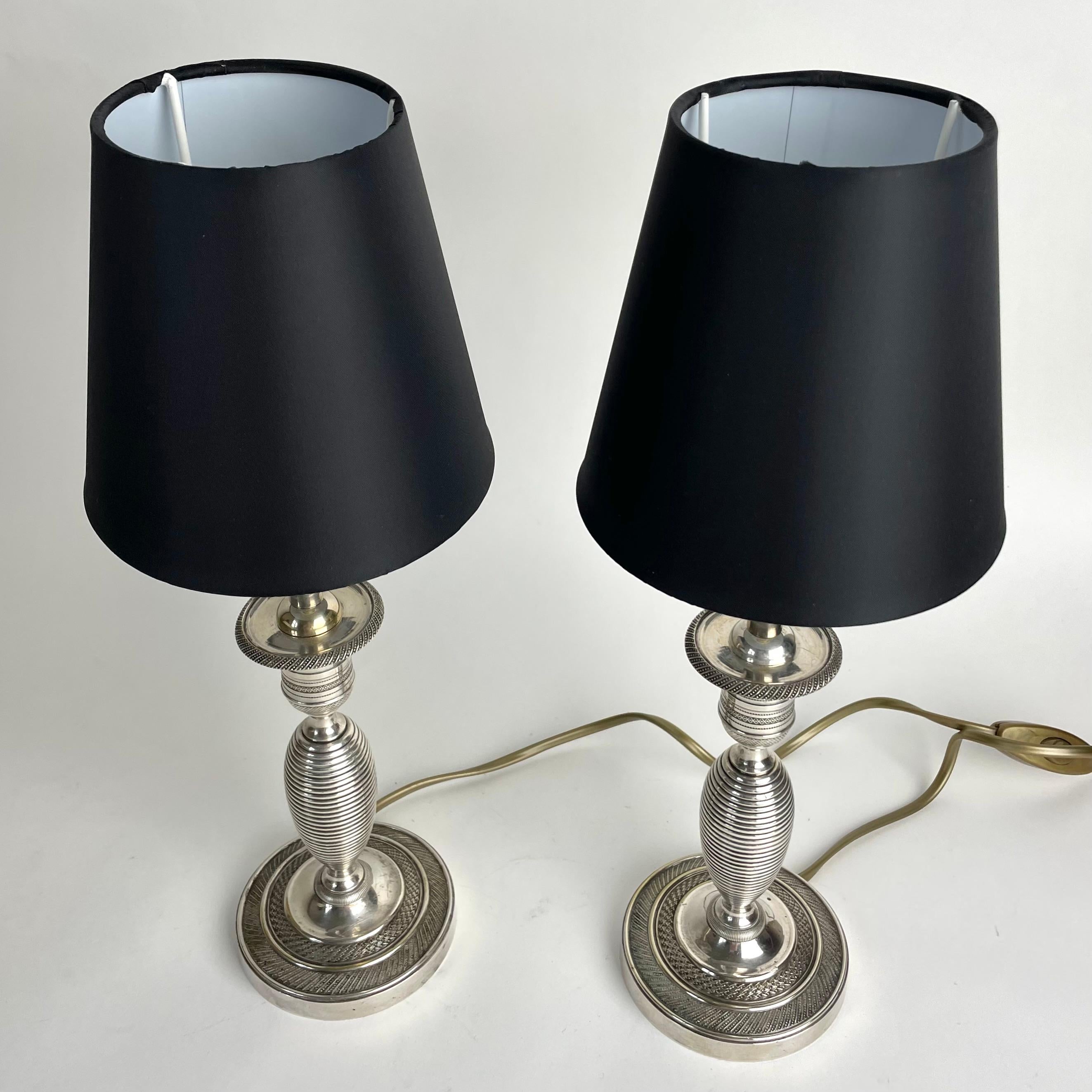 French Elegant pair of Empire Table Lamps, originally candlesticks from the 1820s For Sale