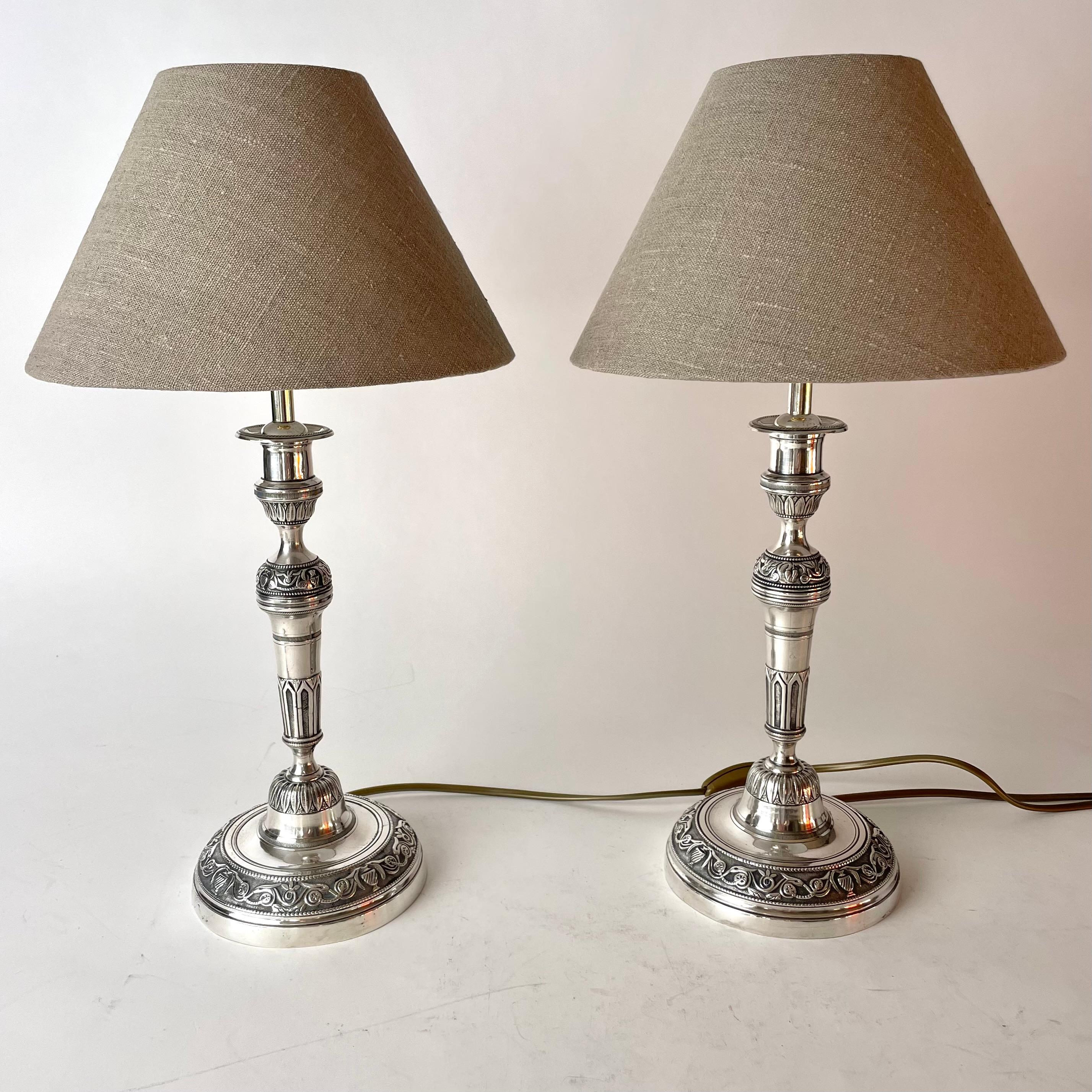 Silvered Elegant pair of Empire Table Lamps, originally candlesticks from the 1820s For Sale
