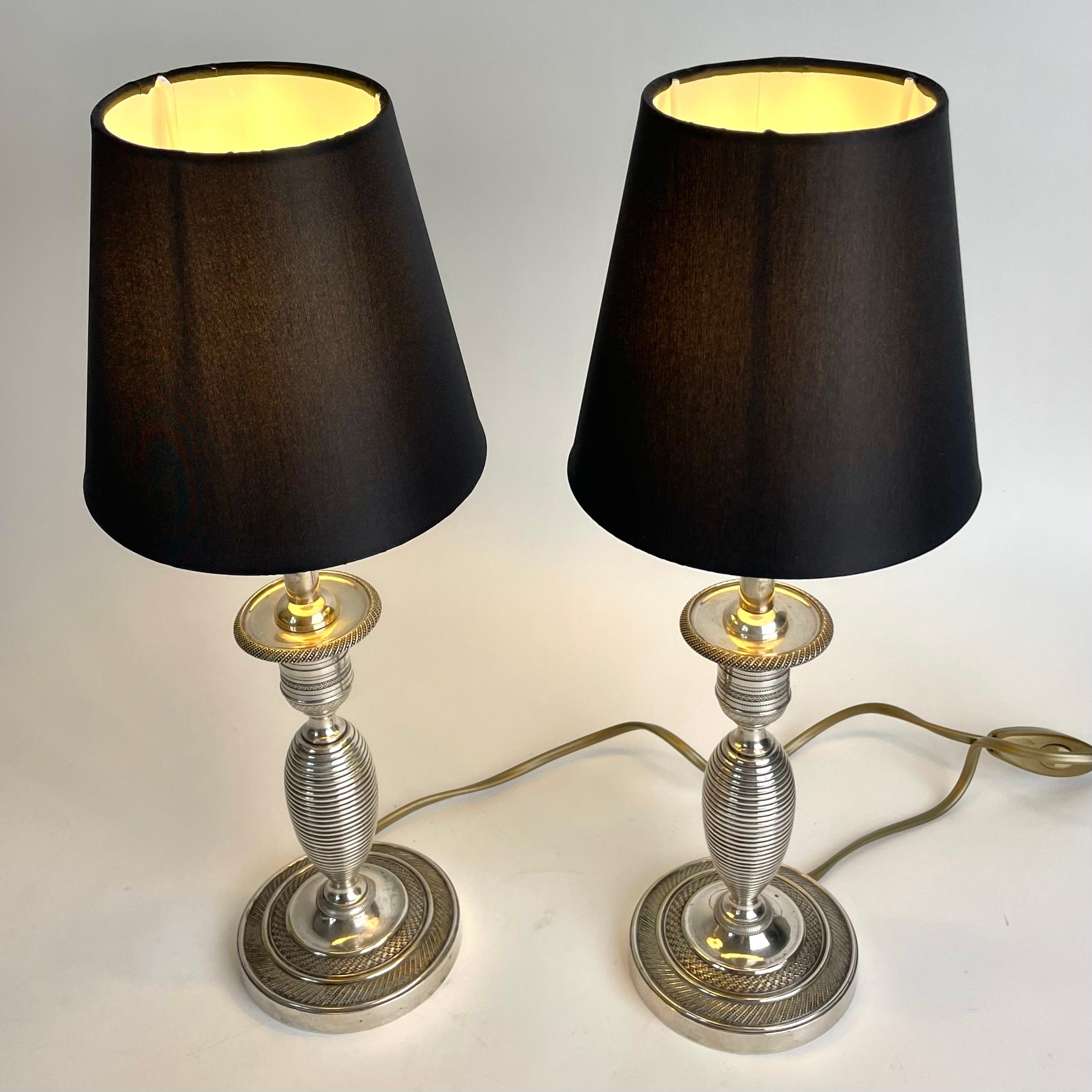 Elegant pair of Empire Table Lamps, originally candlesticks from the 1820s In Good Condition For Sale In Knivsta, SE