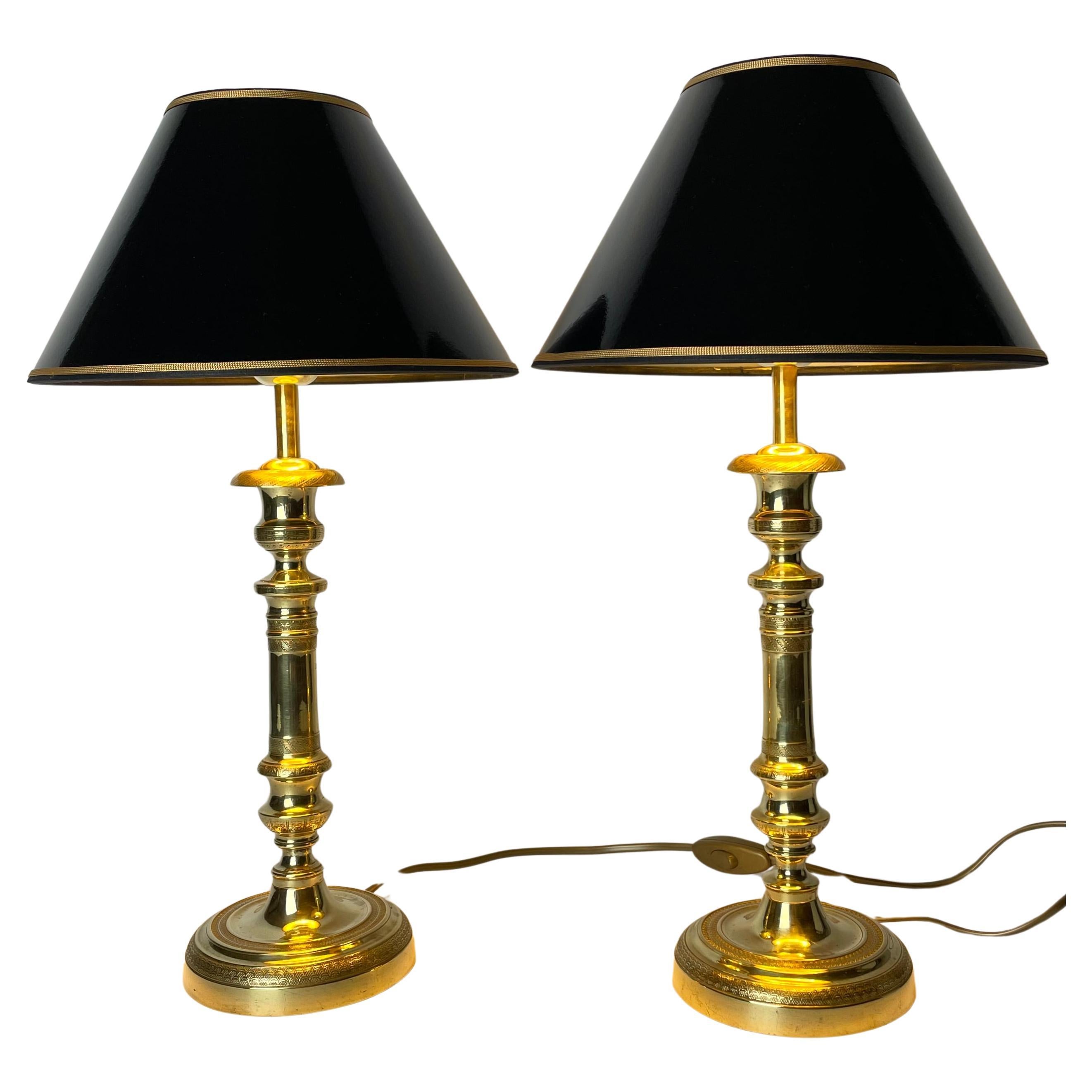 Élégante paire de lampes de table Empire, à l'origine chandeliers des années 1820