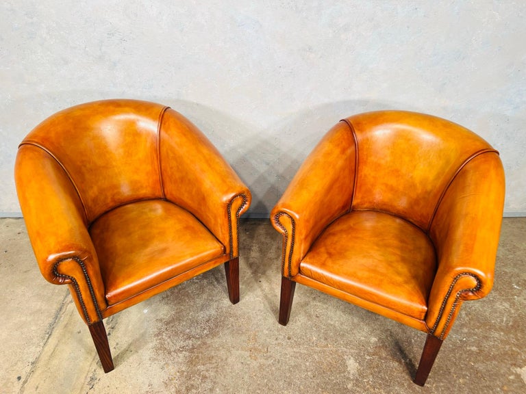 Elegant Pair Of English Made Leather Tub Chairs Hand Dyed Tan 608 For