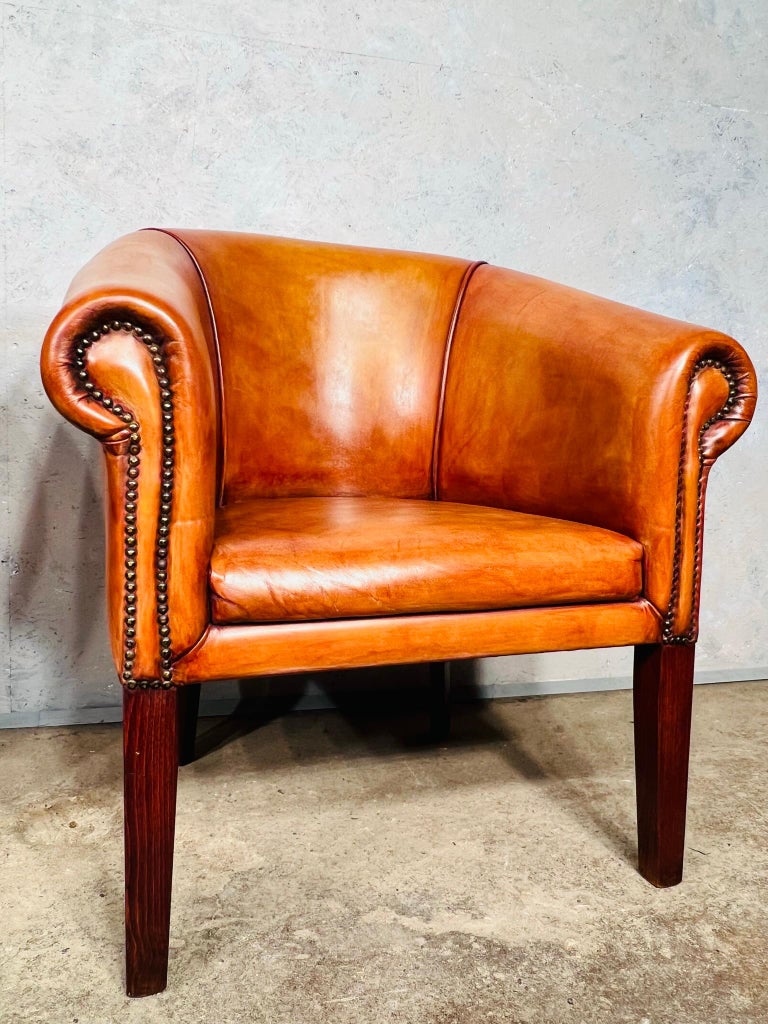 Elegant Pair Of English Made Leather Tub Chairs Hand Dyed Tan 608 For