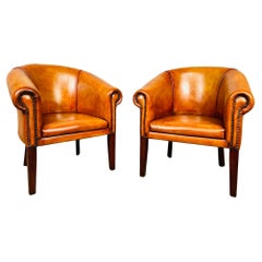Elegant Pair Of English Made Leather Tub Chairs Hand Dyed Tan #608