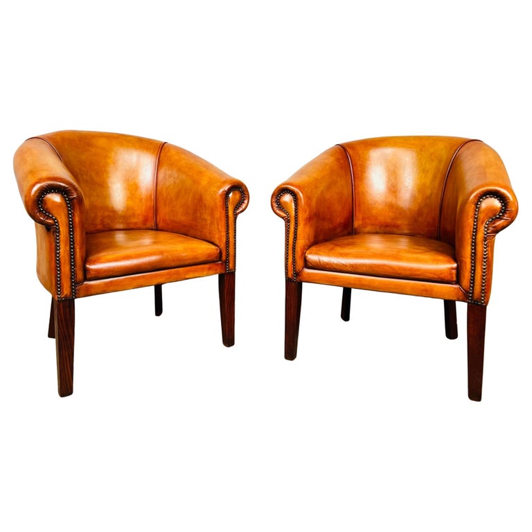 Elegant Pair Of English Made Leather Tub Chairs Hand Dyed Tan 608 For