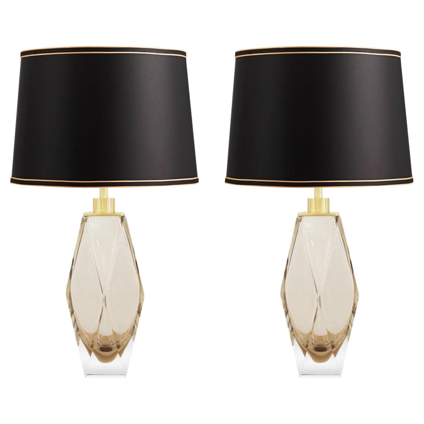 Elegant Pair of Faceted Champagne Color Murano Glass Table Lamps For Sale