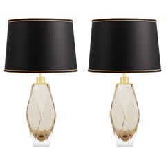 Elegant Pair of Faceted Champagne Color Murano Glass Table Lamps