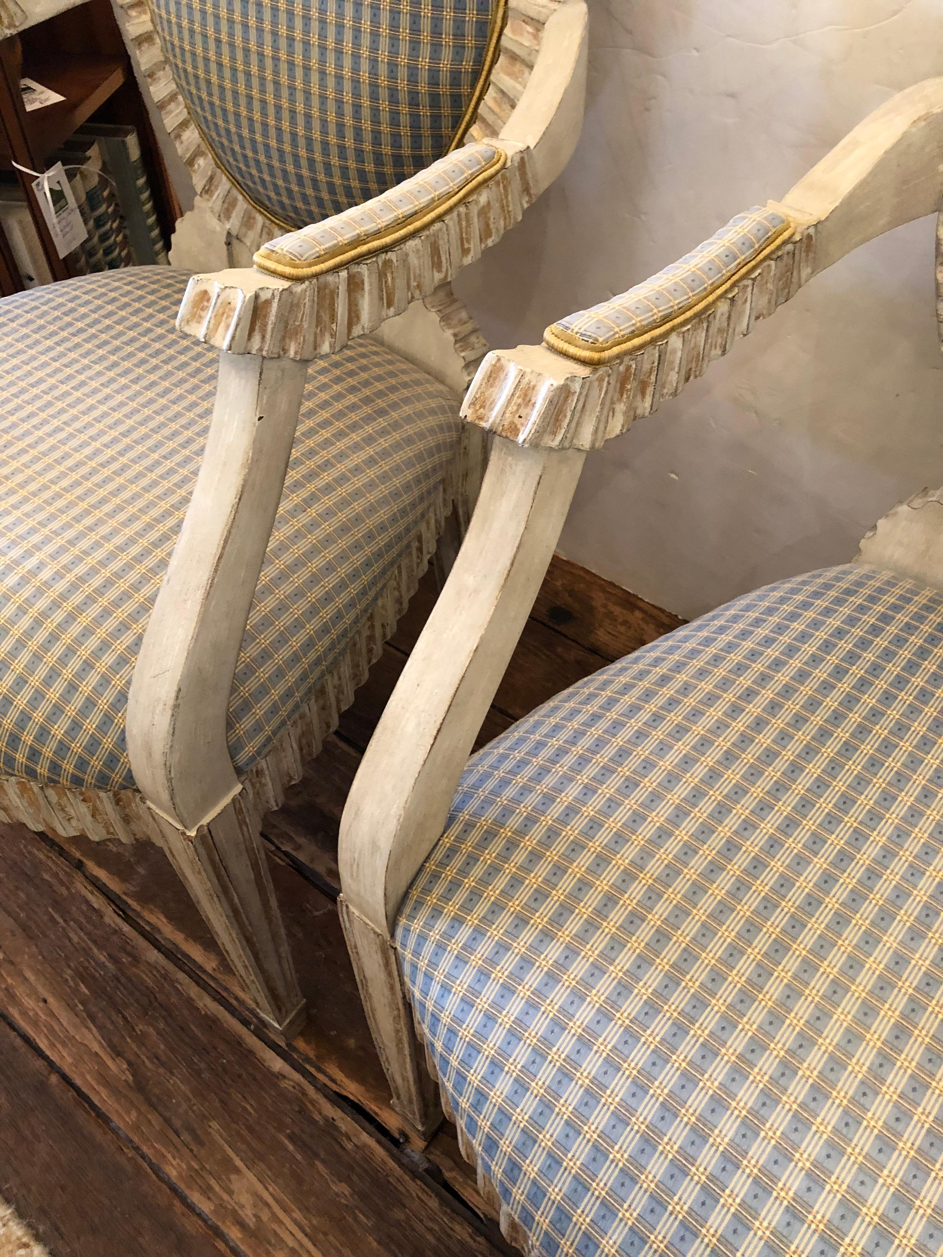 Elegant Pair of Faux Painted French Provincial Carved Wood Armchairs For Sale 8