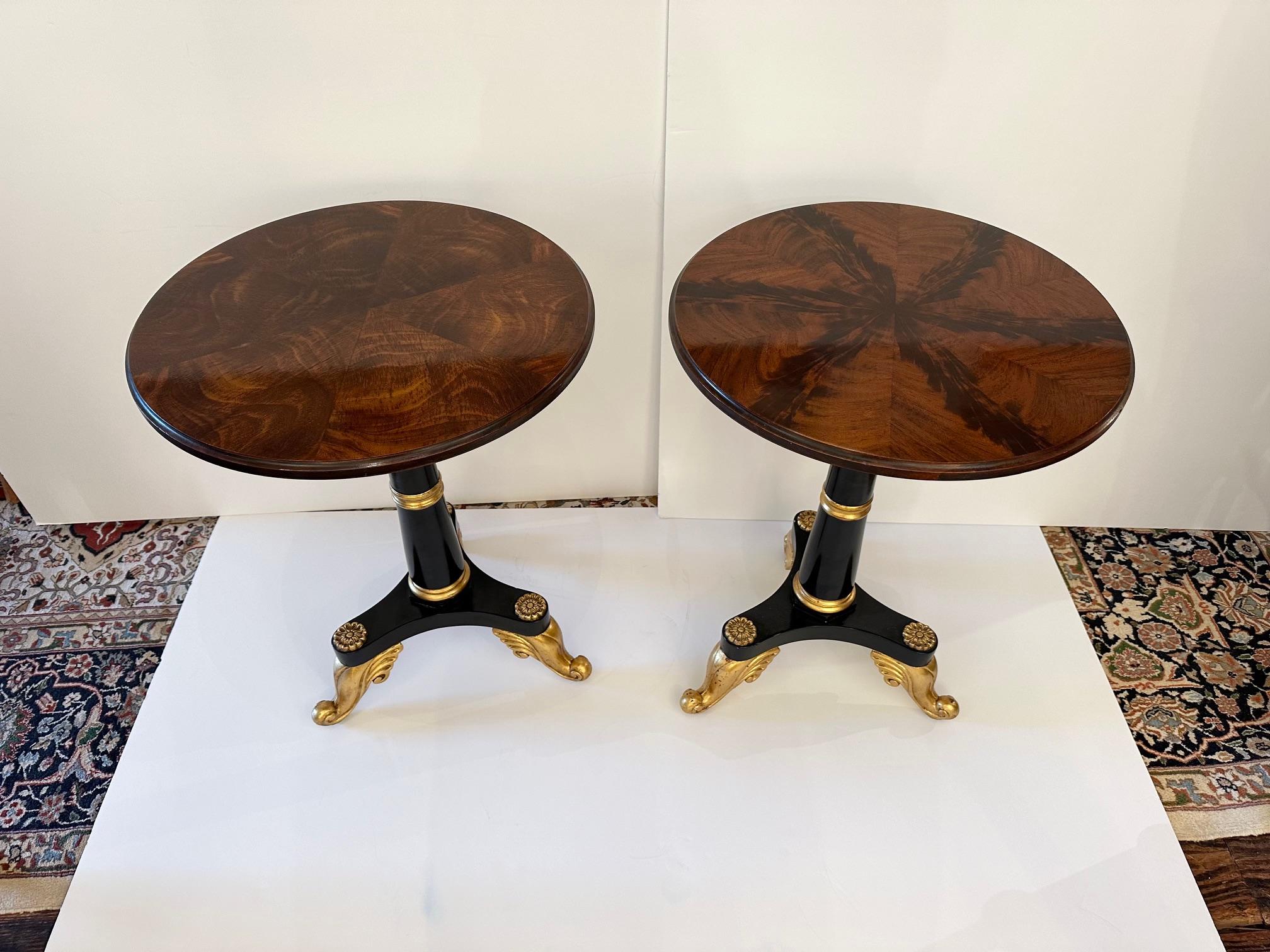Hollywood Regency Elegant Pair of Flame Mahogany Ebonized Wood and Gilded Round End Tables