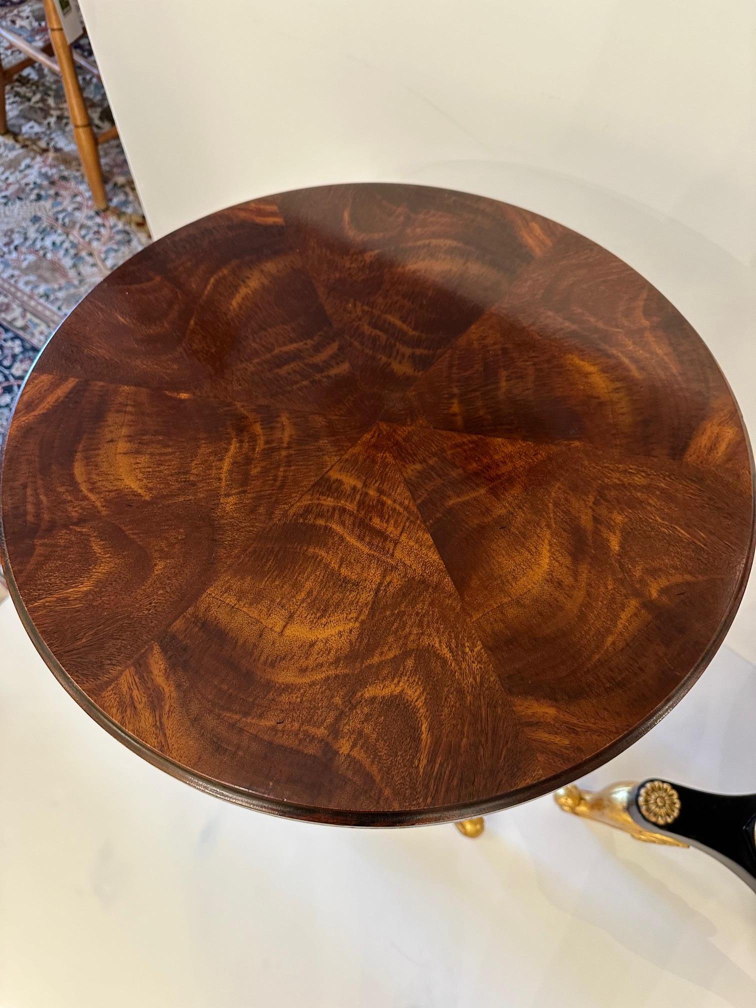 American Elegant Pair of Flame Mahogany Ebonized Wood and Gilded Round End Tables